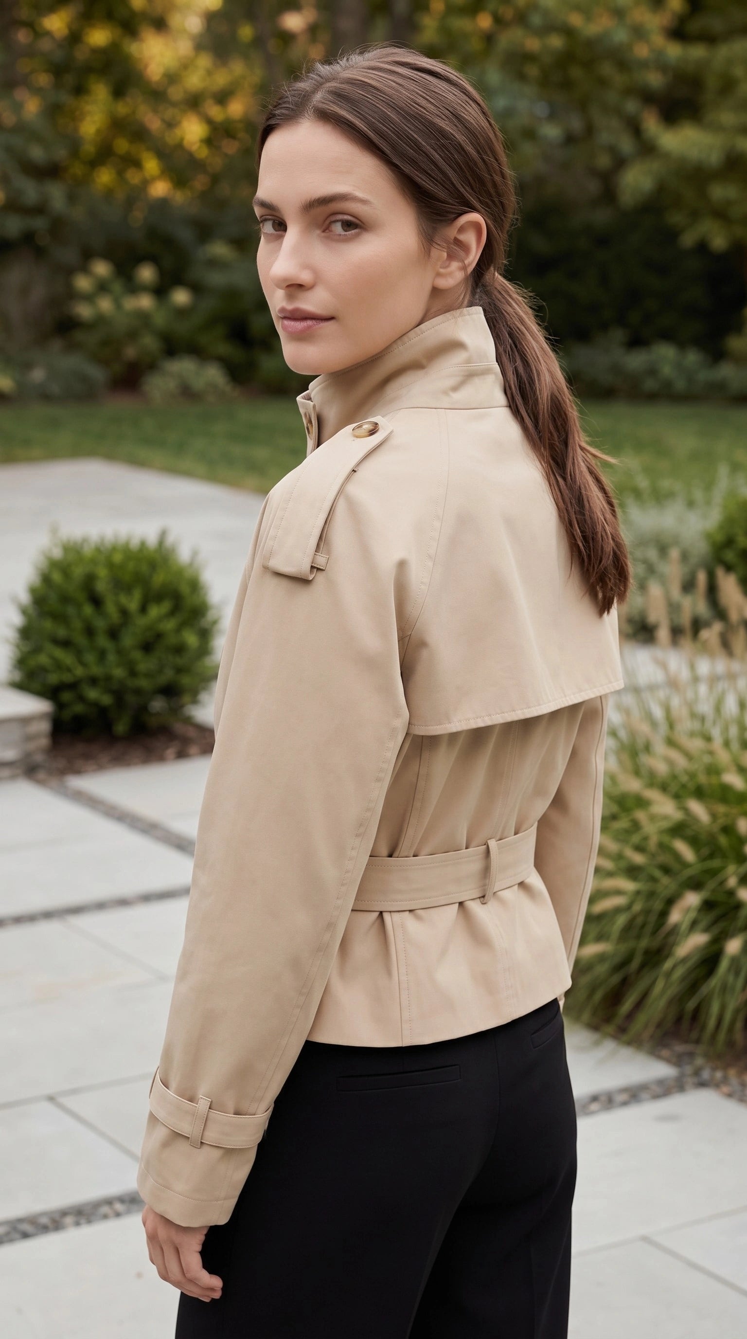 Women’s High Collar Double Breasted Belted Short Trench Jacket