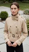 Women’s High Collar Double Breasted Belted Short Trench Jacket