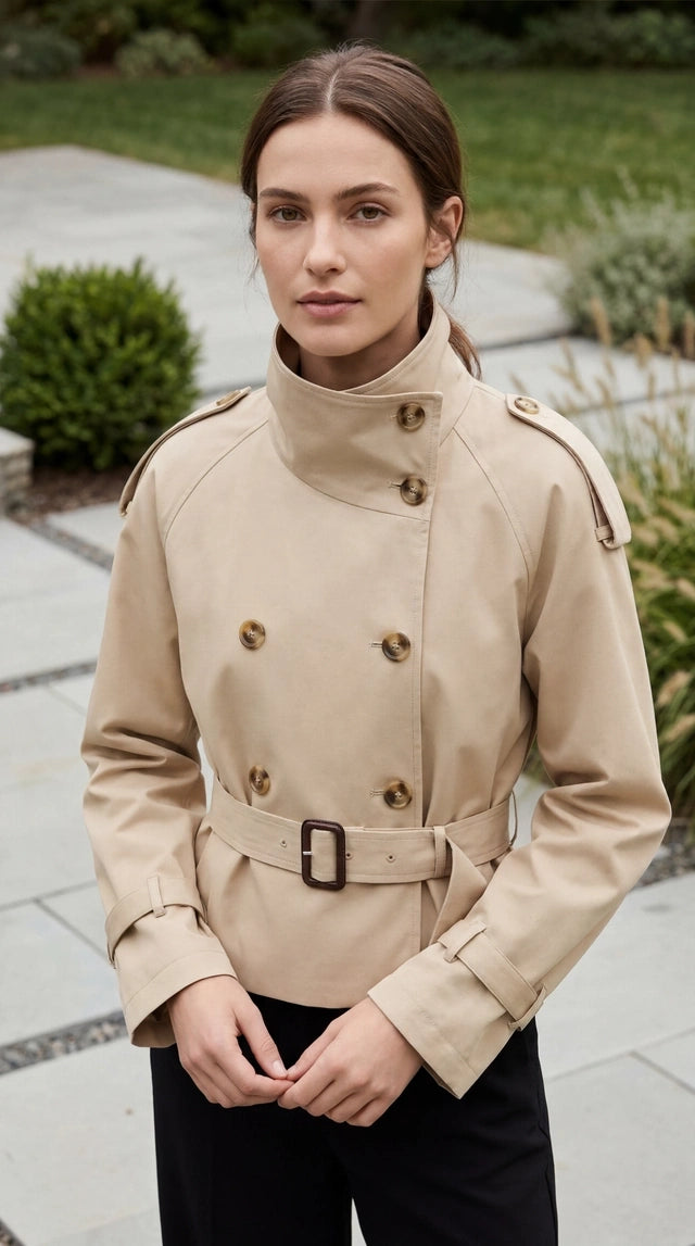 Women’s High Collar Double Breasted Belted Short Trench Jacket