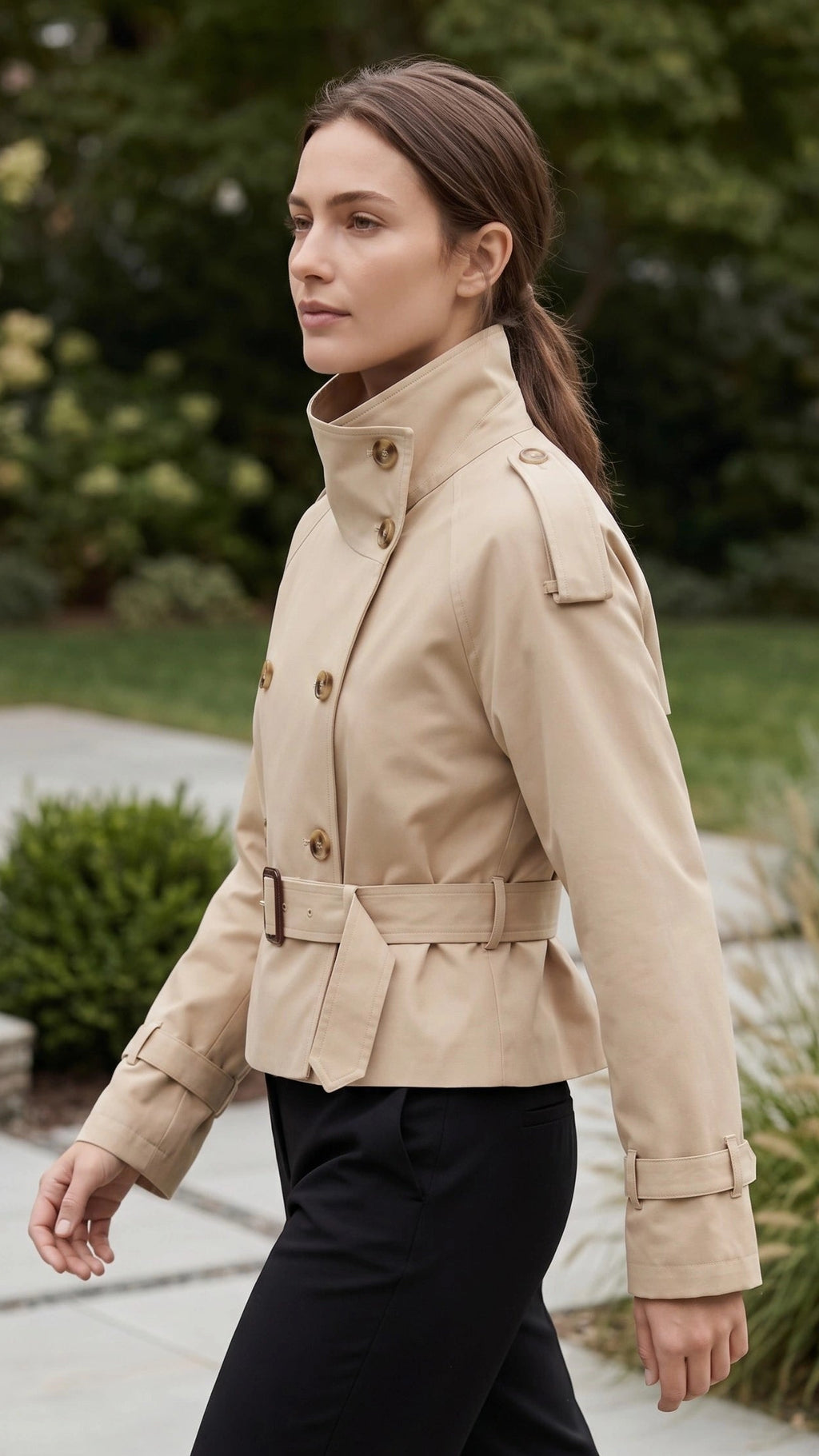 Women’s High Collar Double Breasted Belted Short Trench Jacket