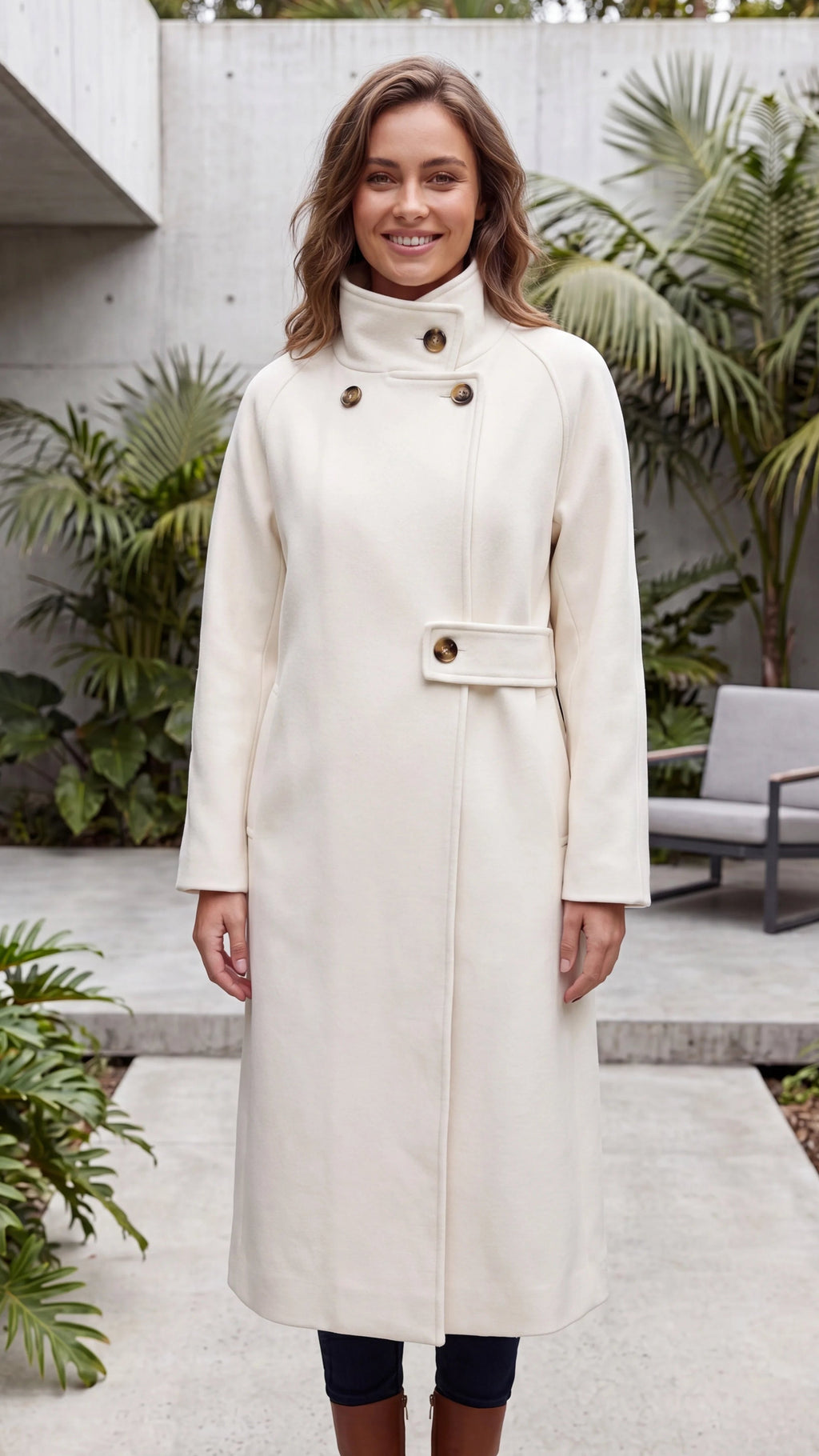 Women's High Neck Asymmetric Button Belted Longline Winter Coat