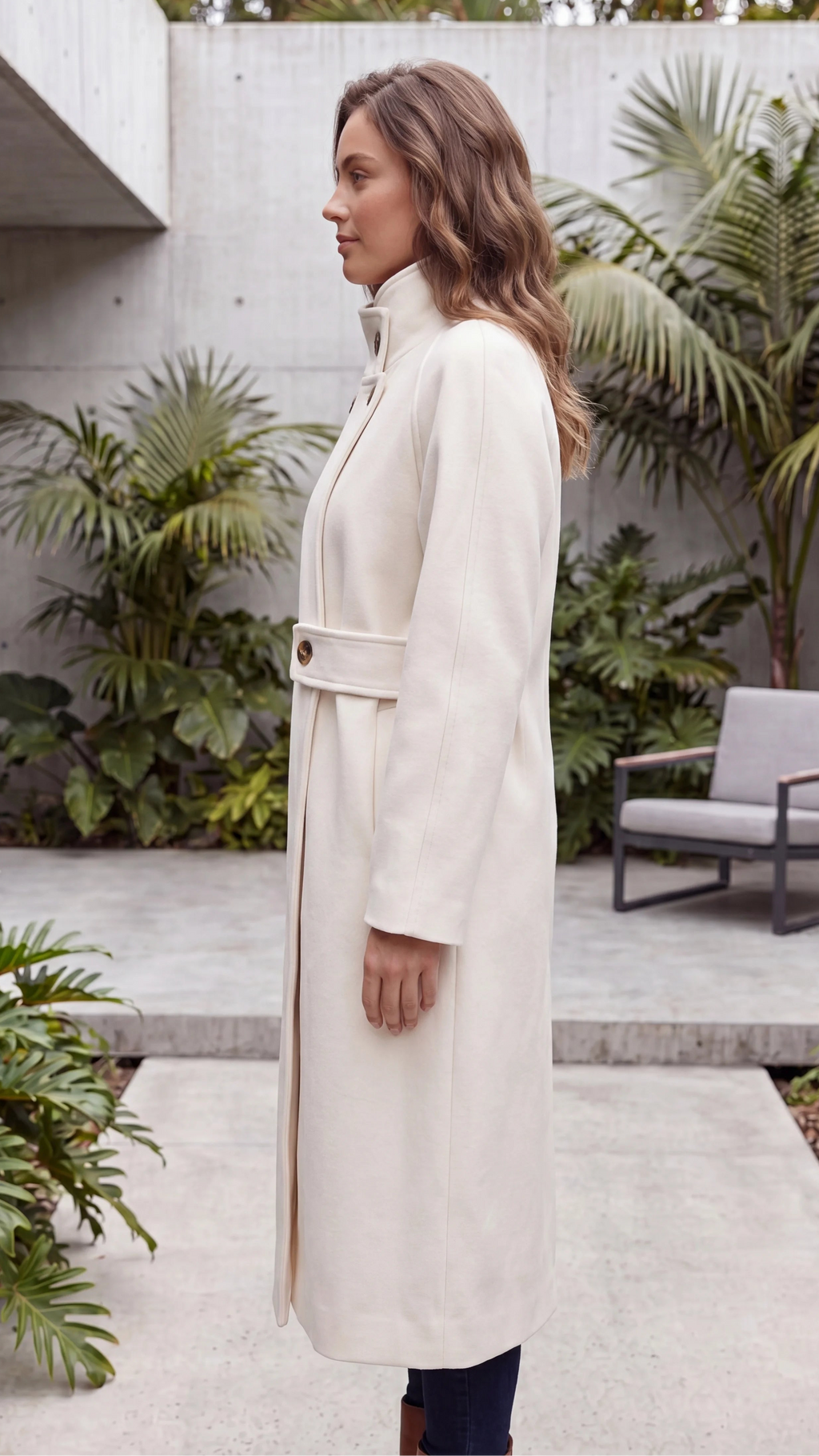Women's High Neck Asymmetric Button Belted Longline Winter Coat