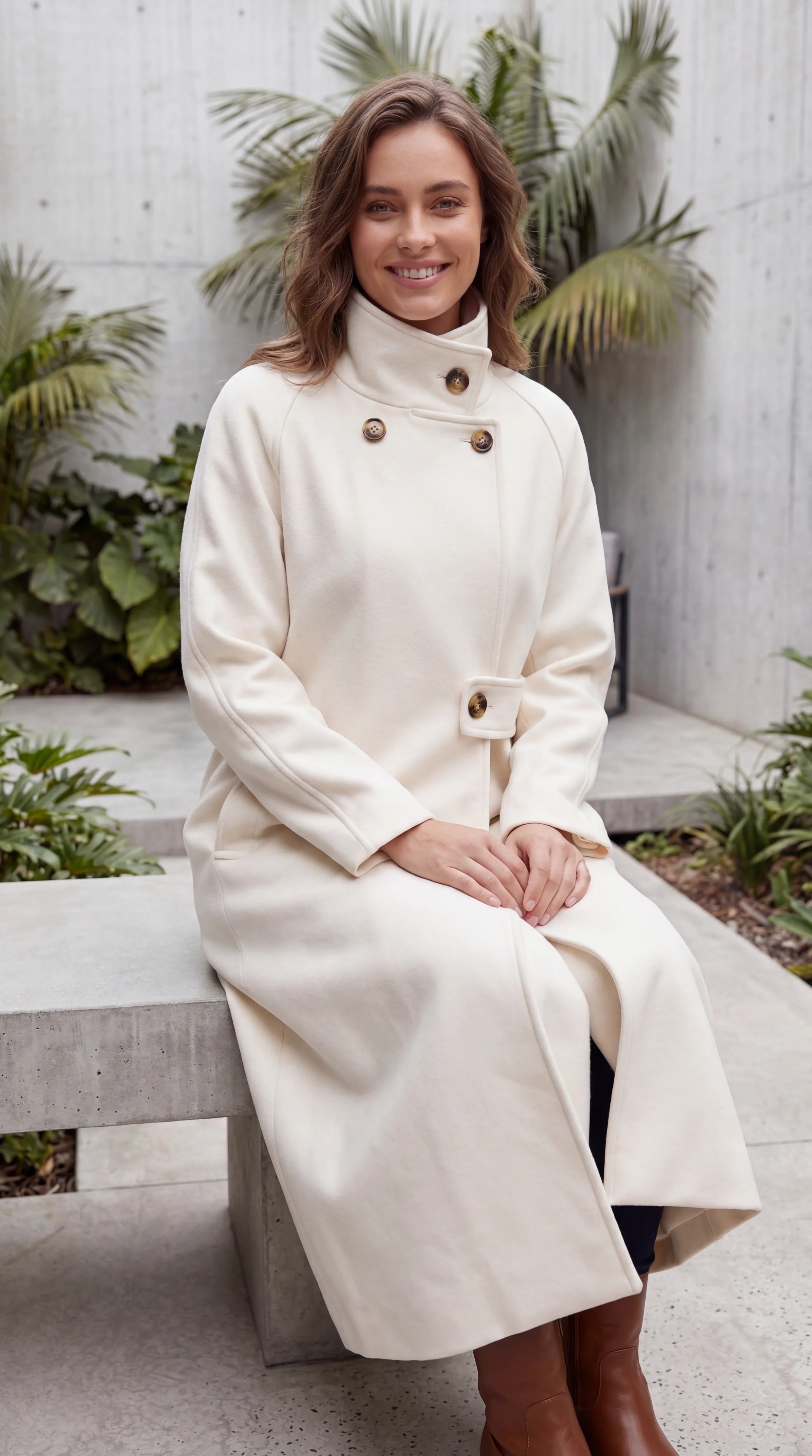 Women's High Neck Asymmetric Button Belted Longline Winter Coat