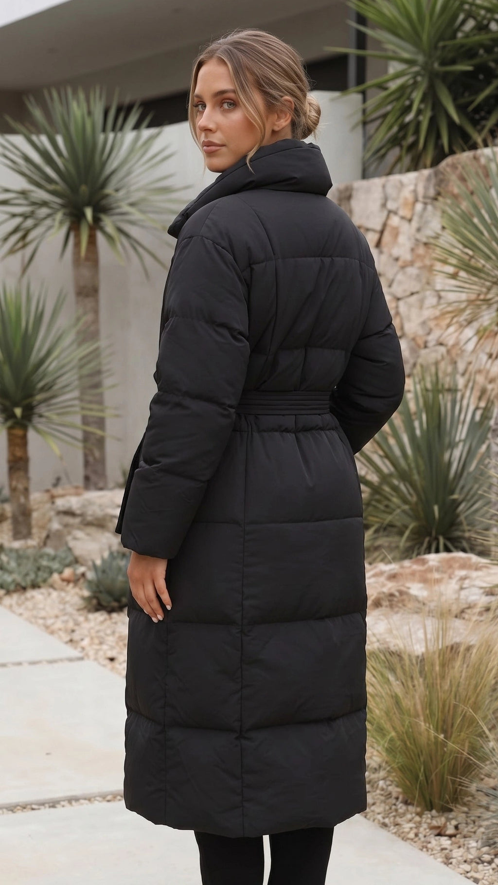 Women's Long Belted Quilted Puffer Coat with Pockets