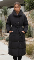 Women's Long Belted Quilted Puffer Coat with Pockets