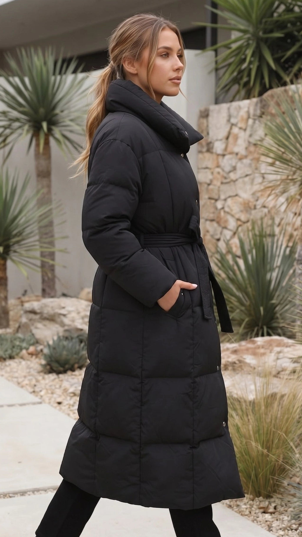 Women's Long Belted Quilted Puffer Coat with Pockets