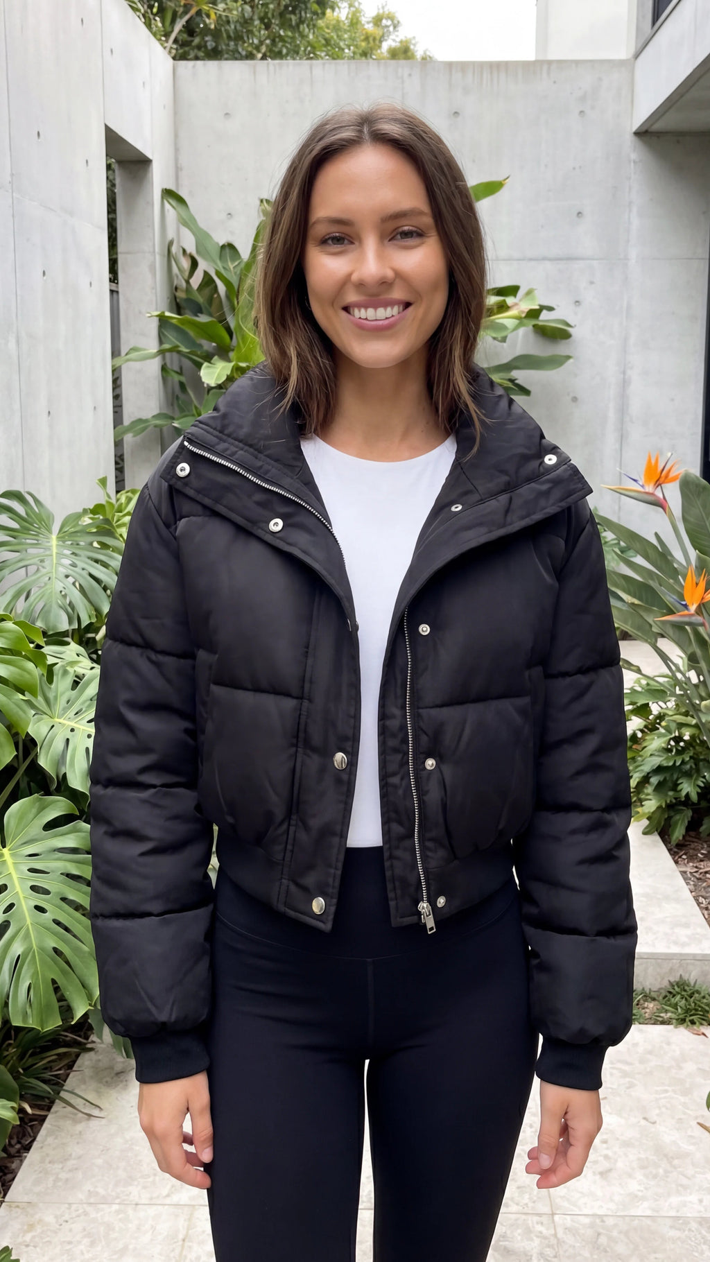 Women's High Collar Quilted Cropped Puffer Jacket with Pockets