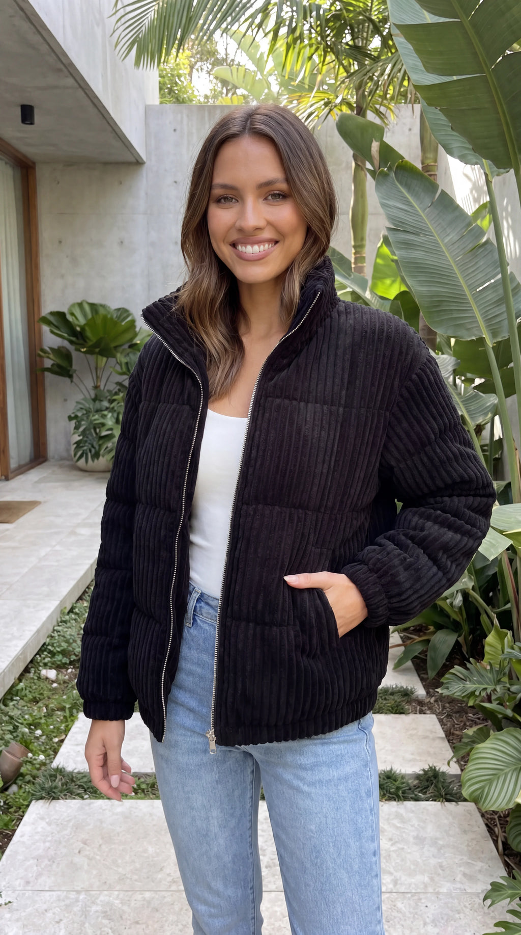 Women's High Collar Zip Front Ribbed Quilted Jacket With Pockets