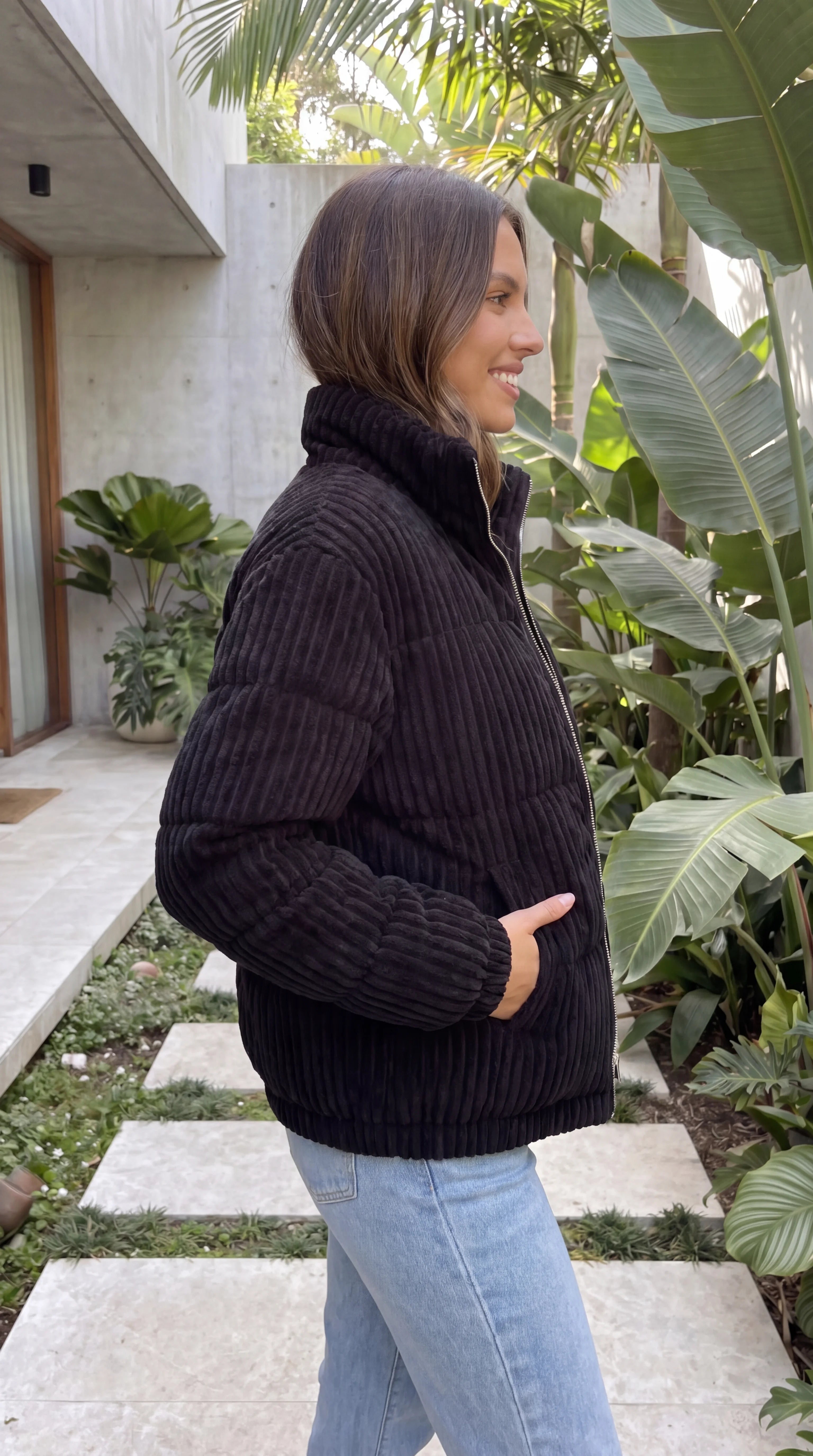 Women's High Collar Zip Front Ribbed Quilted Jacket With Pockets