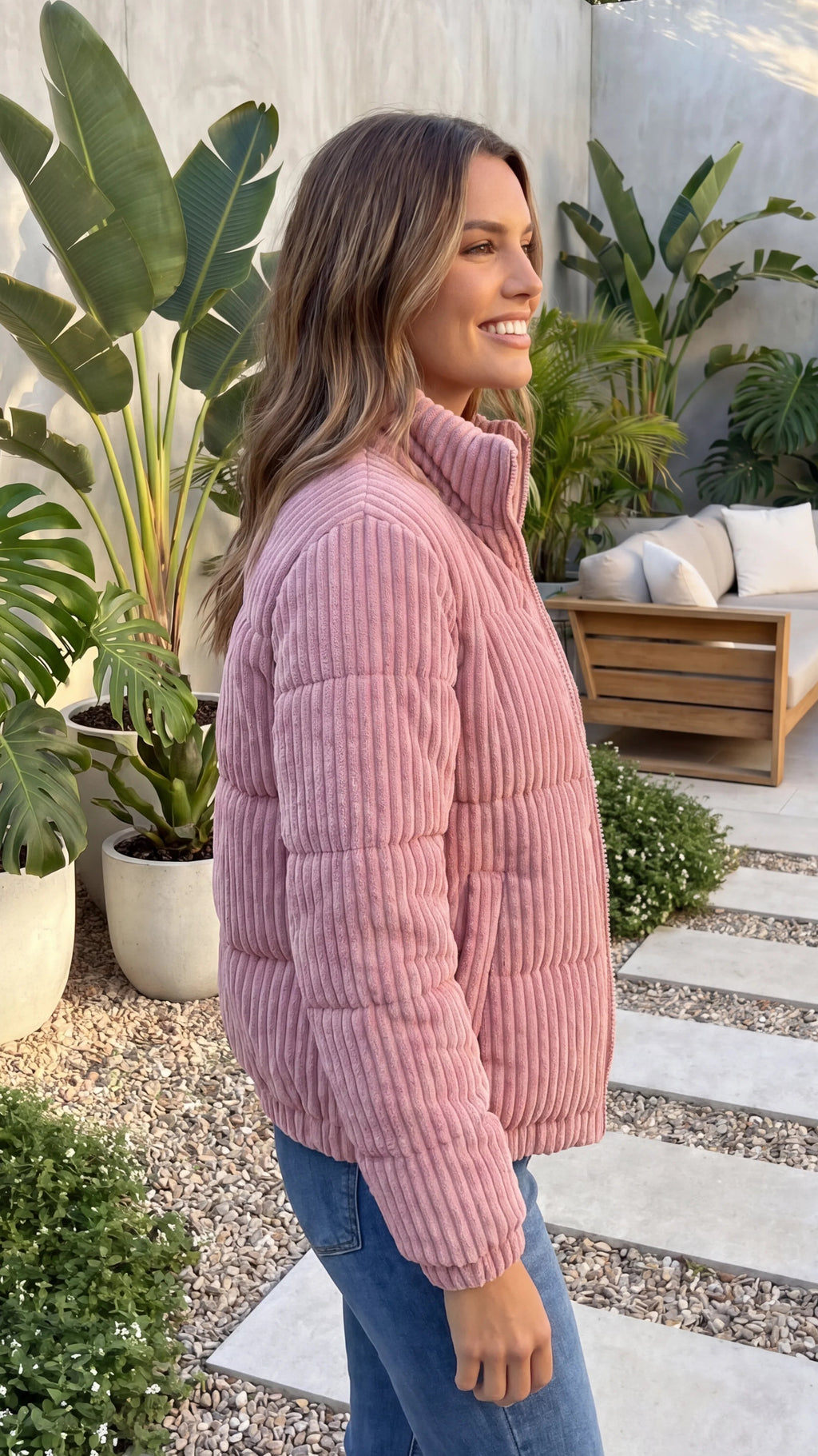 Women's High Collar Zip Front Ribbed Quilted Jacket With Pockets
