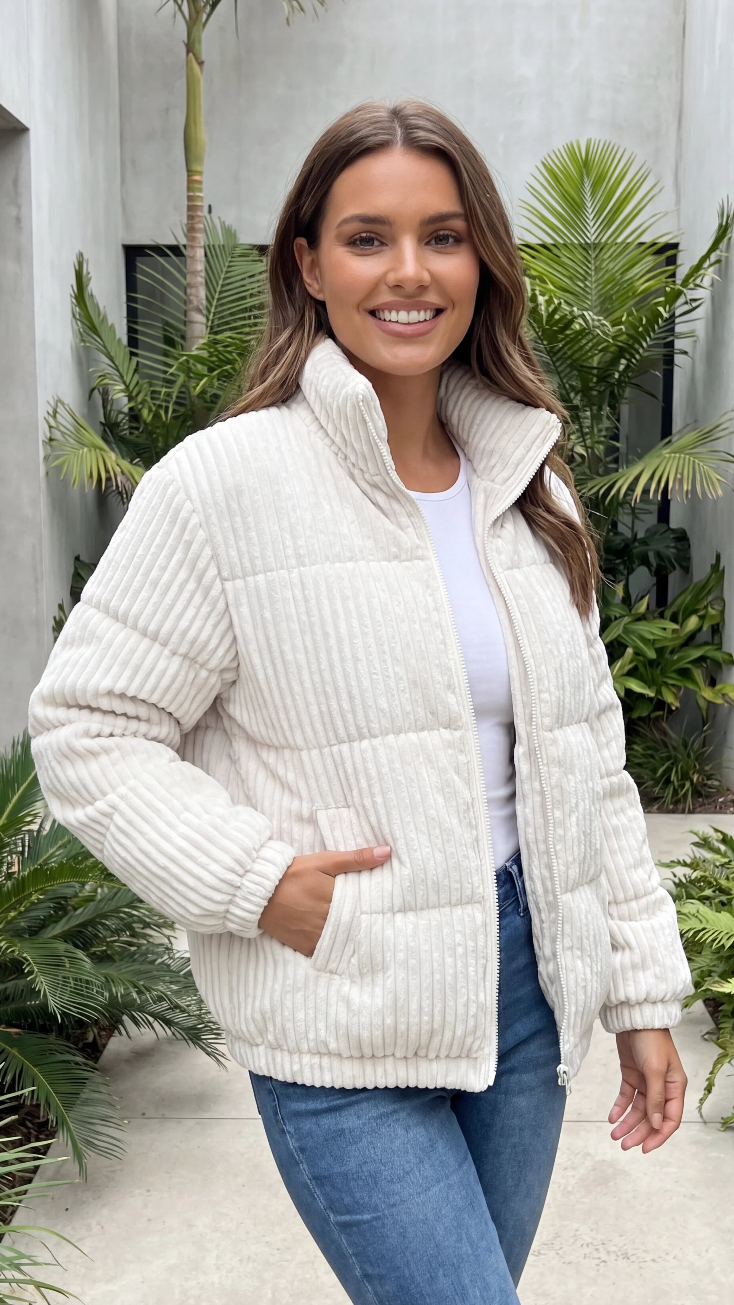 Women's High Collar Zip Front Ribbed Quilted Jacket With Pockets