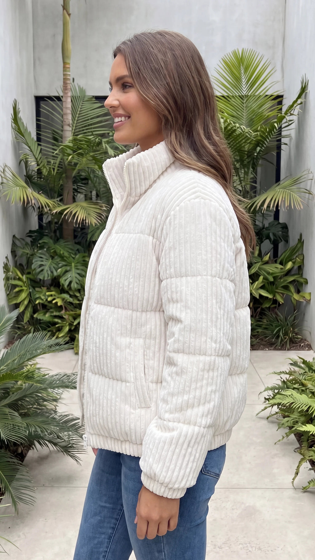 Women's High Collar Zip Front Ribbed Quilted Jacket With Pockets