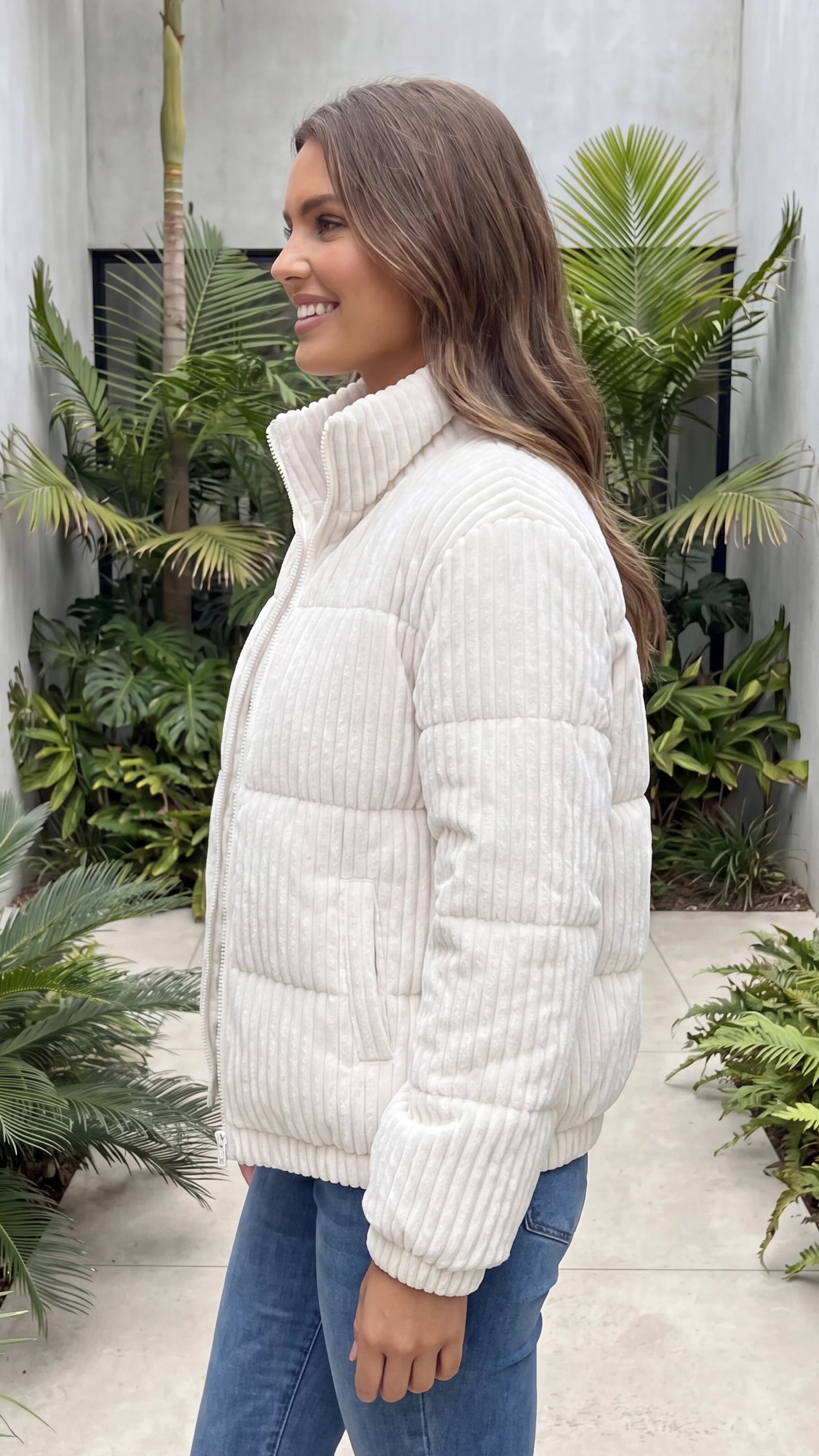 Women's High Collar Zip Front Ribbed Quilted Jacket With Pockets