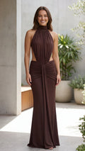 High Neck Halter Ruched Cut-Out Maxi Dress