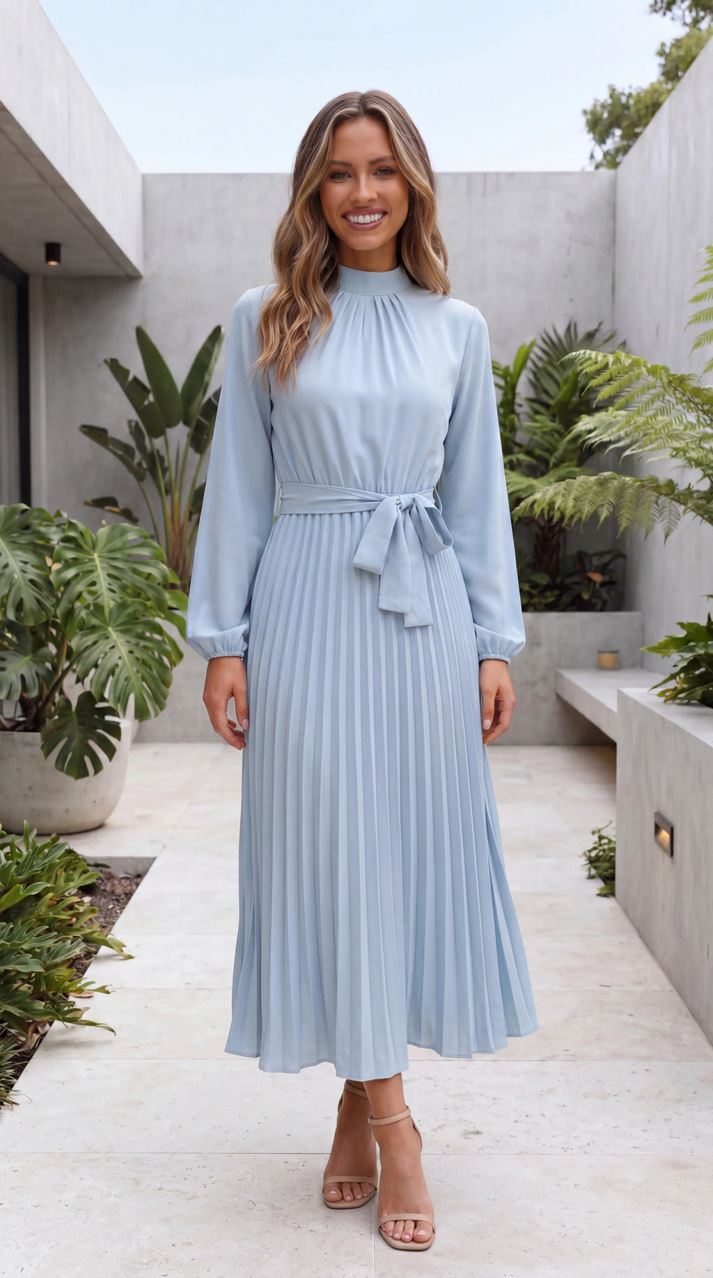 Women's Long Sleeve A-Line Pleated Wedding Guest Maxi Dress