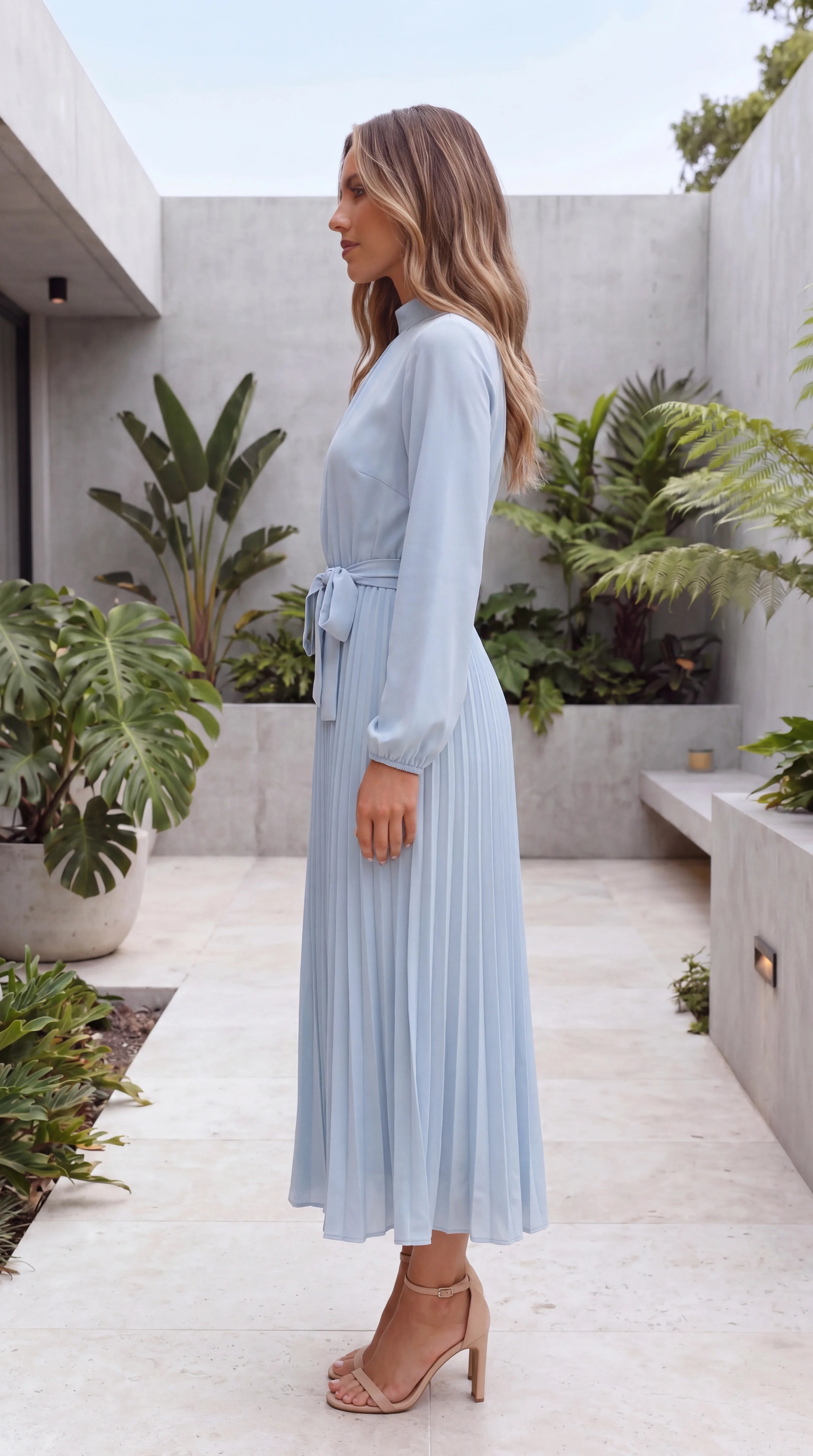 Women's Long Sleeve A-Line Pleated Wedding Guest Maxi Dress