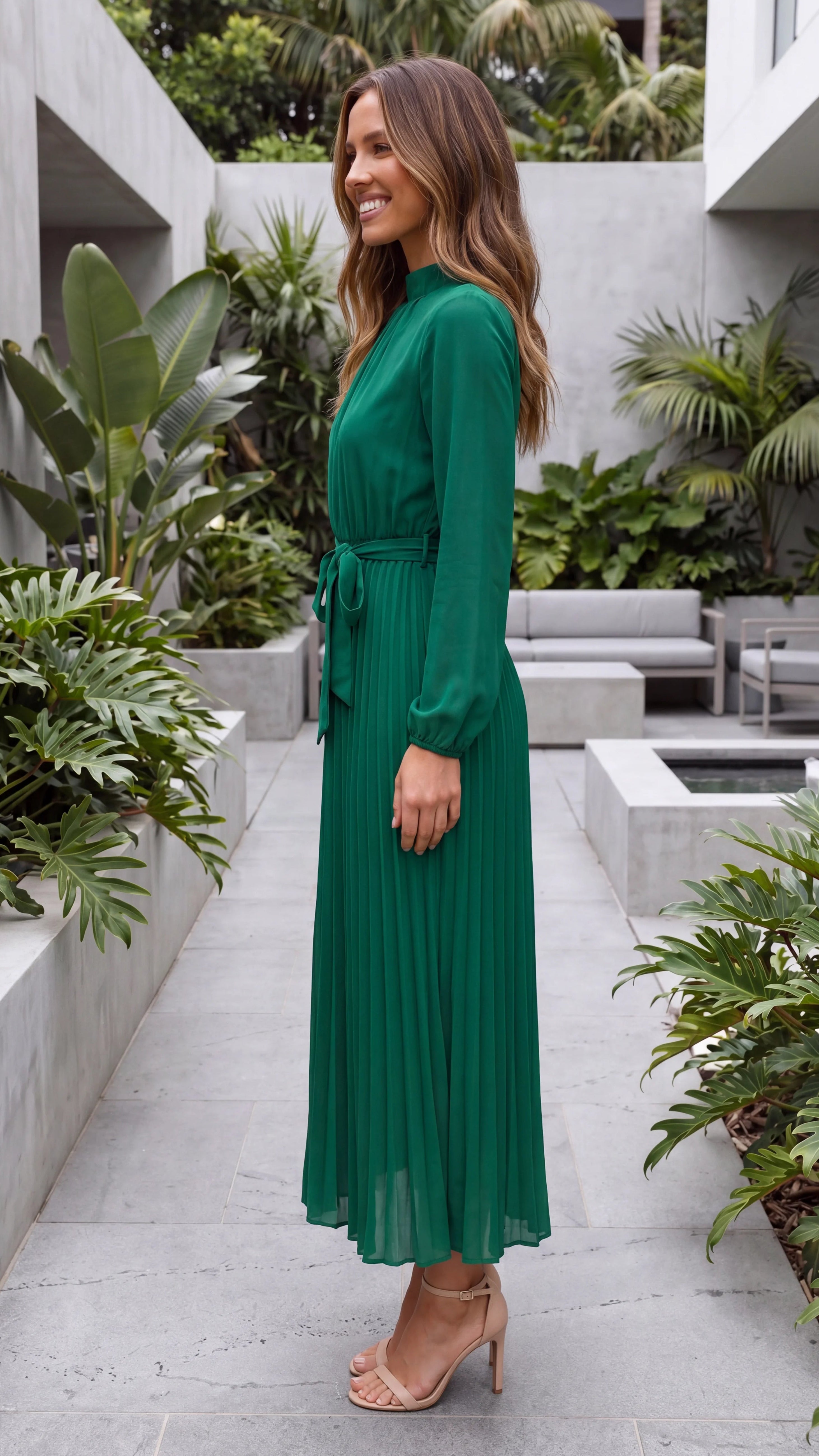 Women's Long Sleeve A-Line Pleated Wedding Guest Maxi Dress