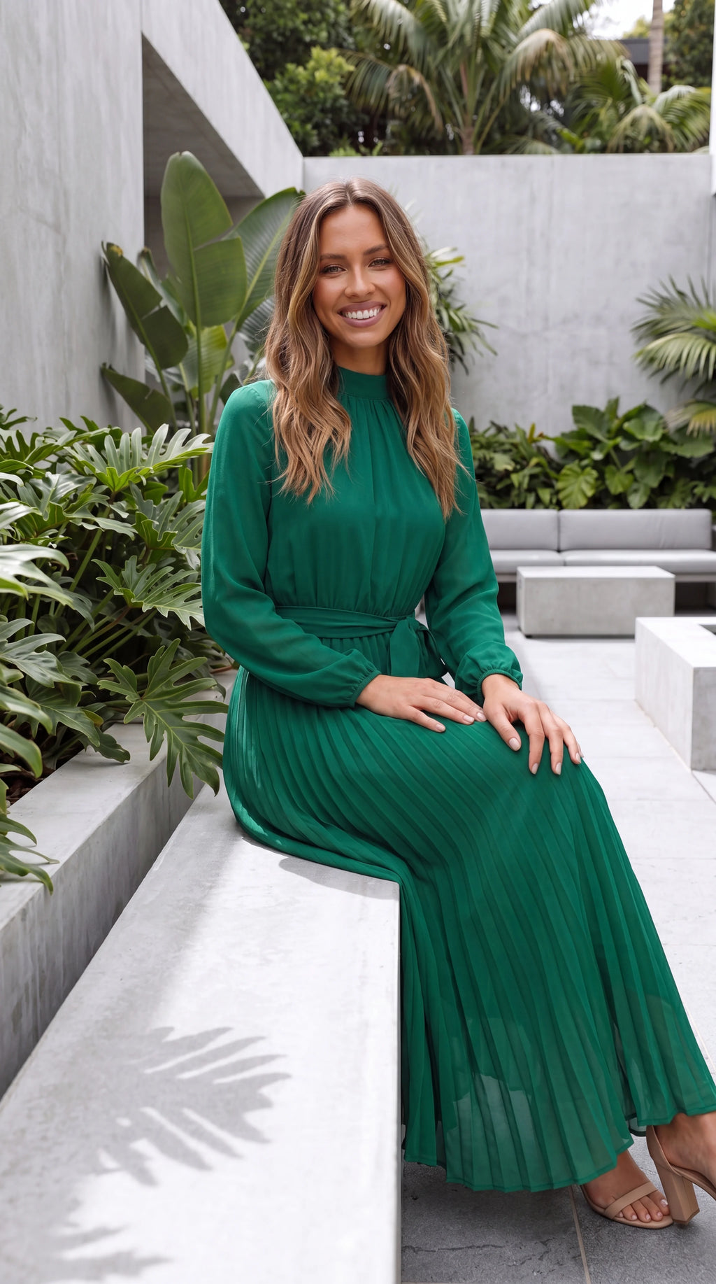 Women's Long Sleeve A-Line Pleated Wedding Guest Maxi Dress