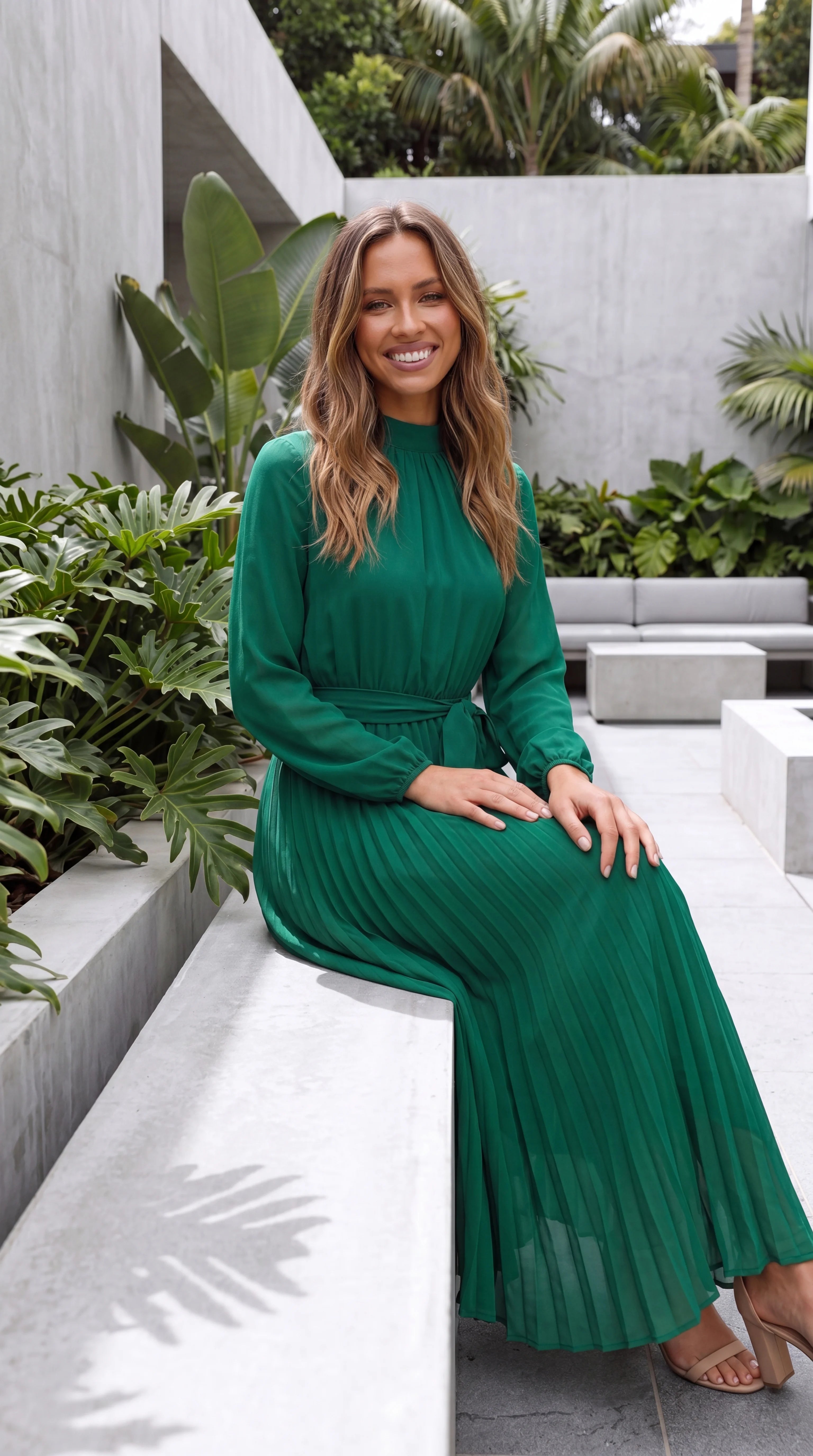 Women's Long Sleeve A-Line Pleated Wedding Guest Maxi Dress