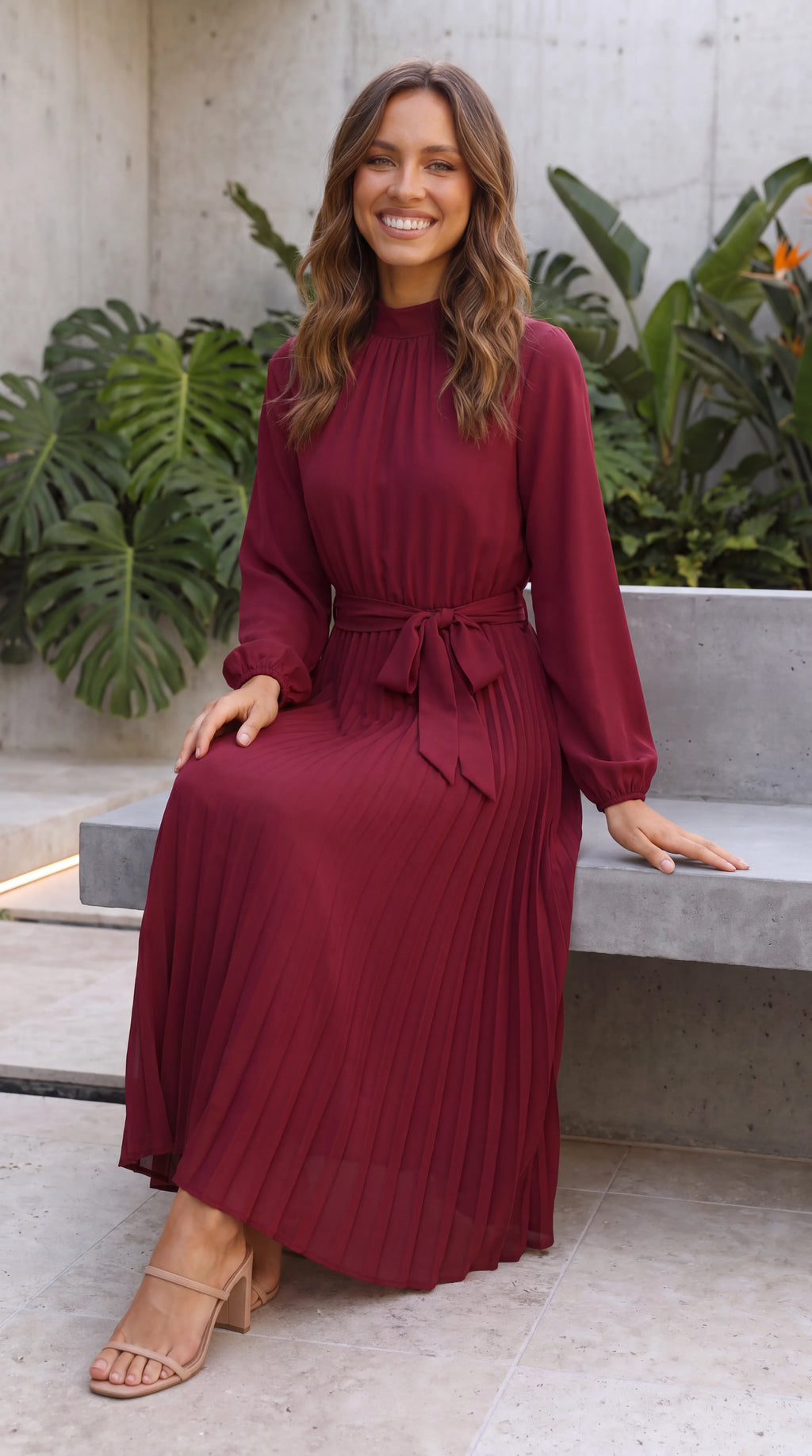 Women's Long Sleeve A-Line Pleated Wedding Guest Maxi Dress