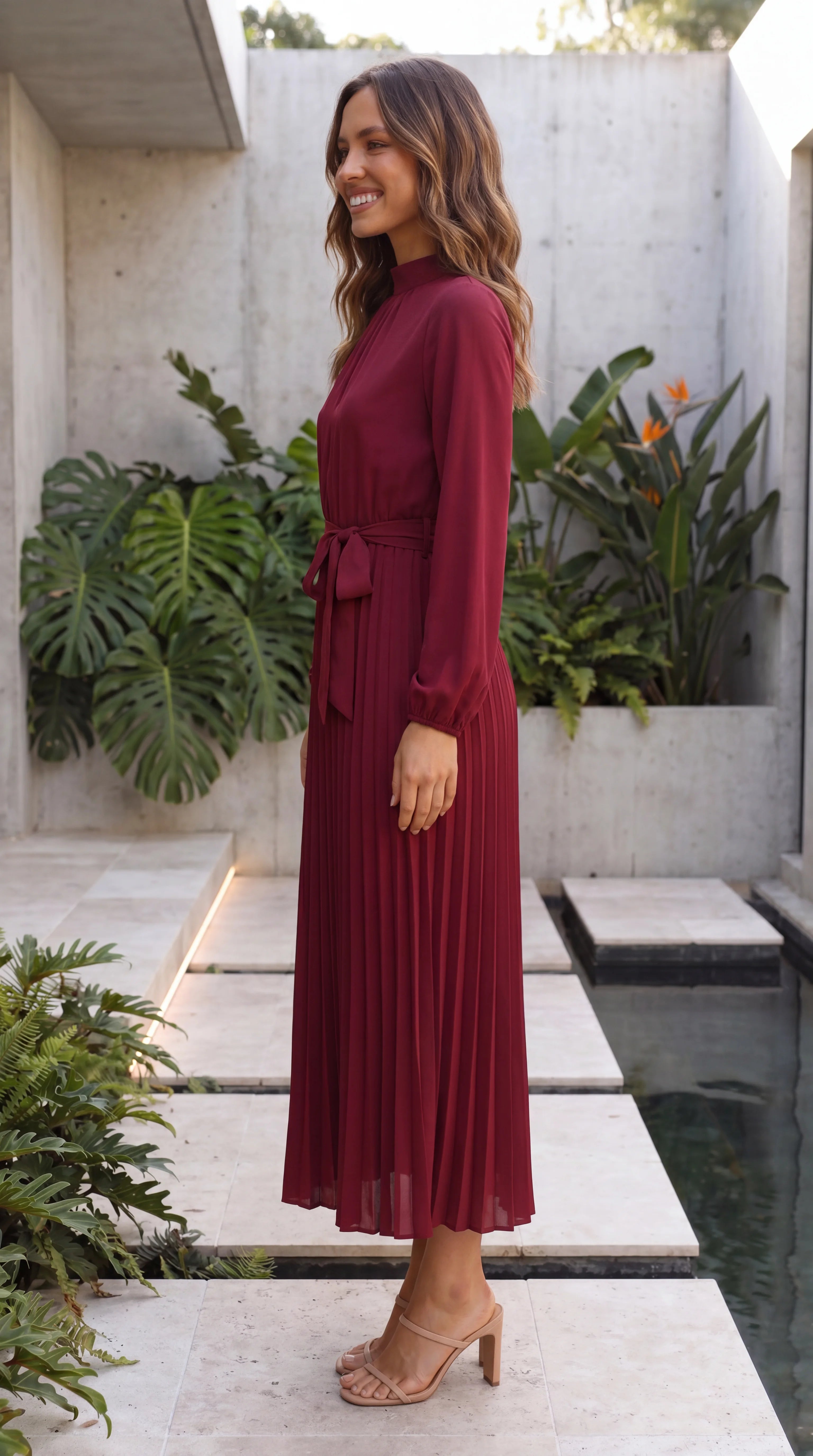 Women's Long Sleeve A-Line Pleated Wedding Guest Maxi Dress