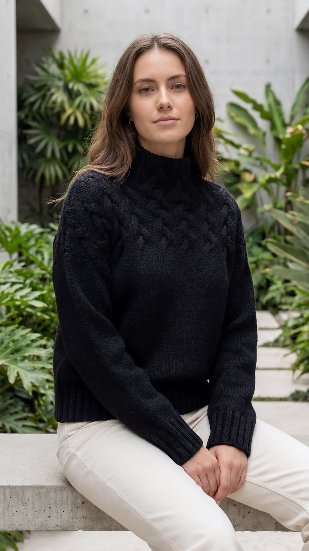 Women's Turtle Neck Long Sleeve Cable Knit Sweater