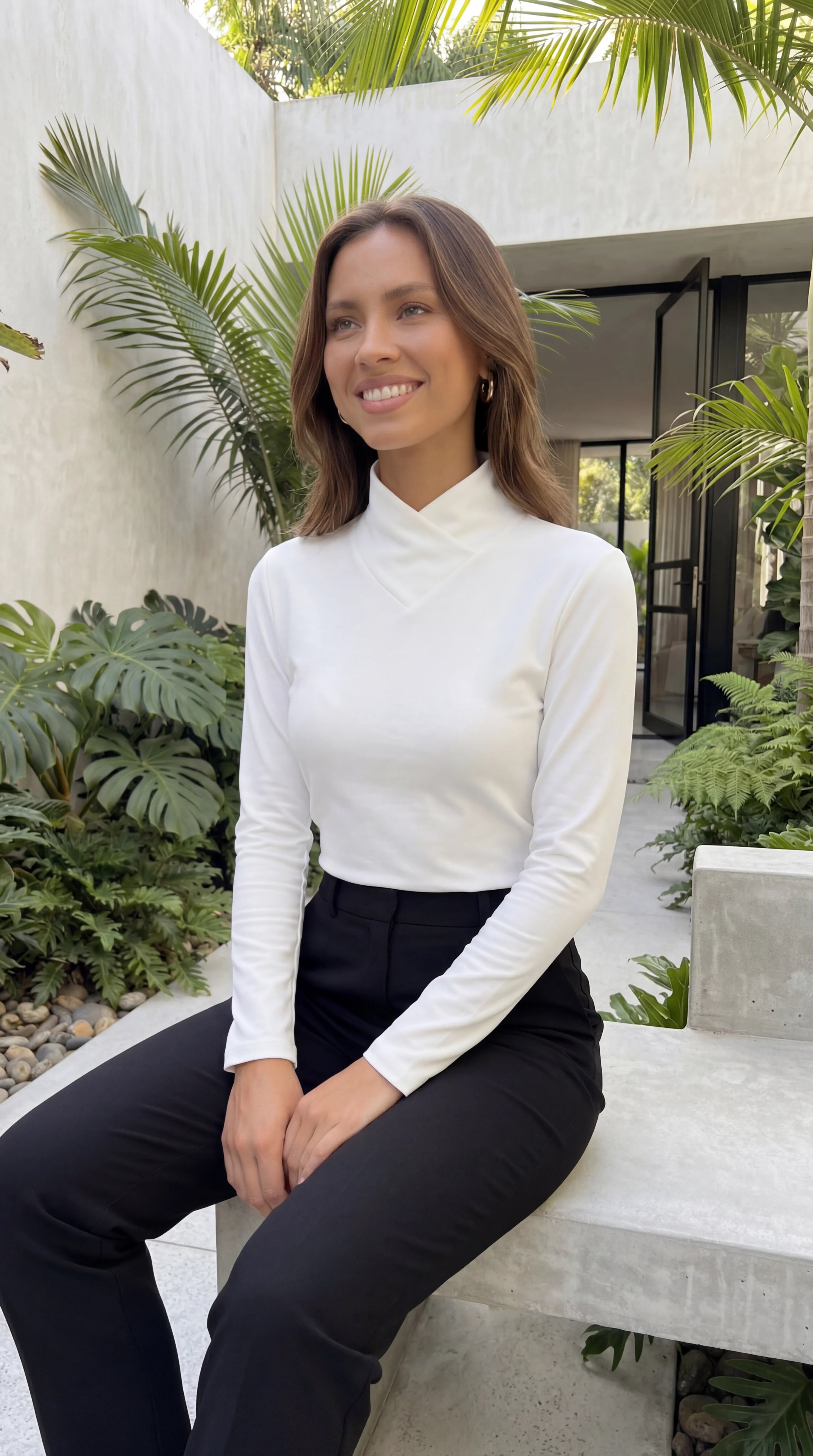 Women's High Neck Long Sleeve V Drape Detail Fitted Top