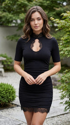 Women's High Neck Short Sleeve Lace Trim Keyhole Ruched Bodycon Mini Dress