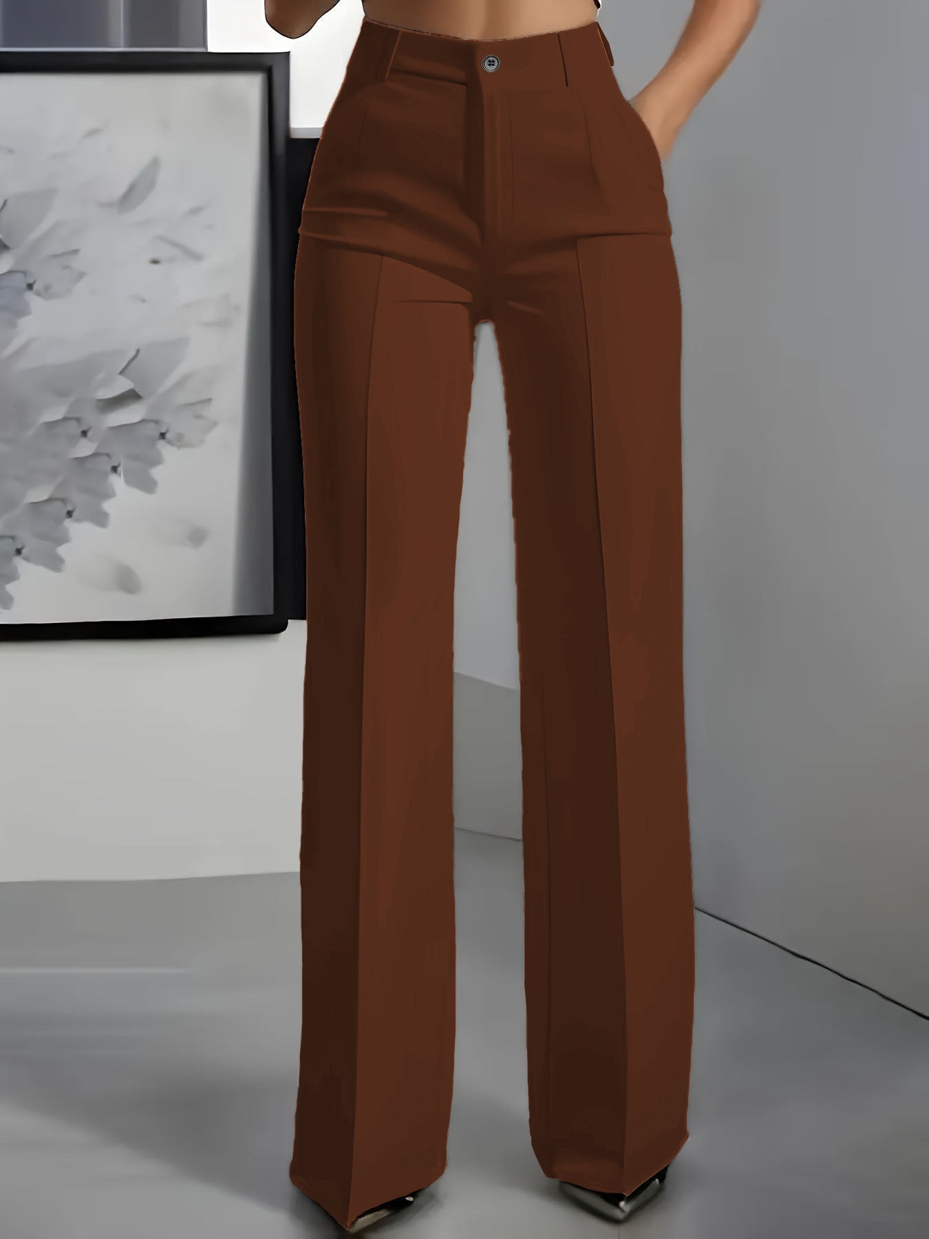 Women's High Waist Straight Leg Trousers  brown