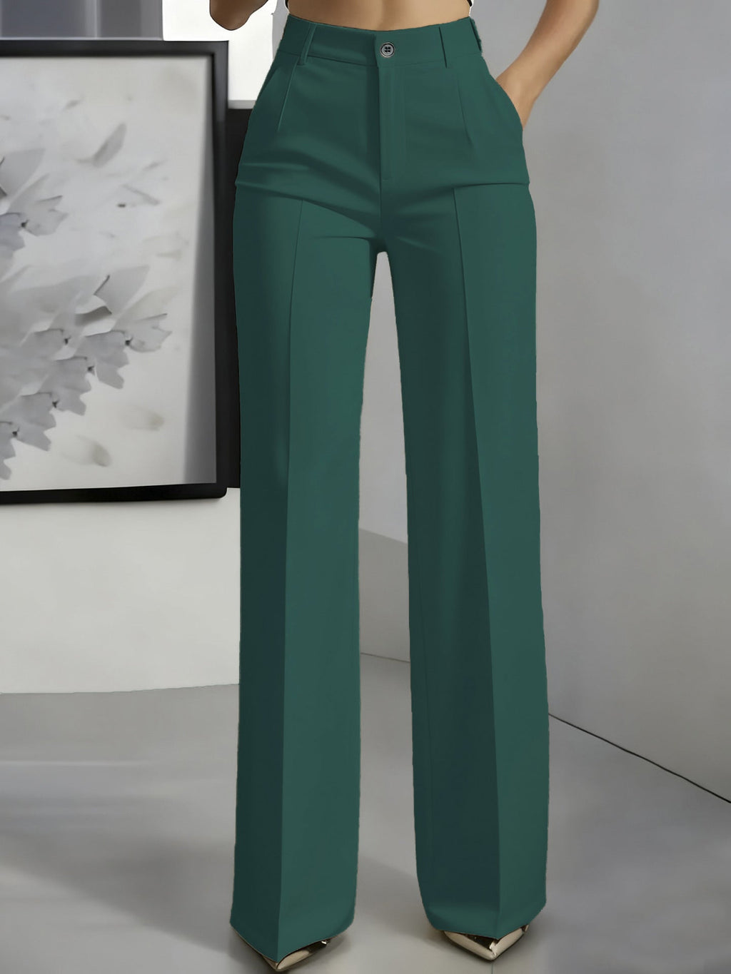 Women's High Waist Straight Leg Trousers dark green