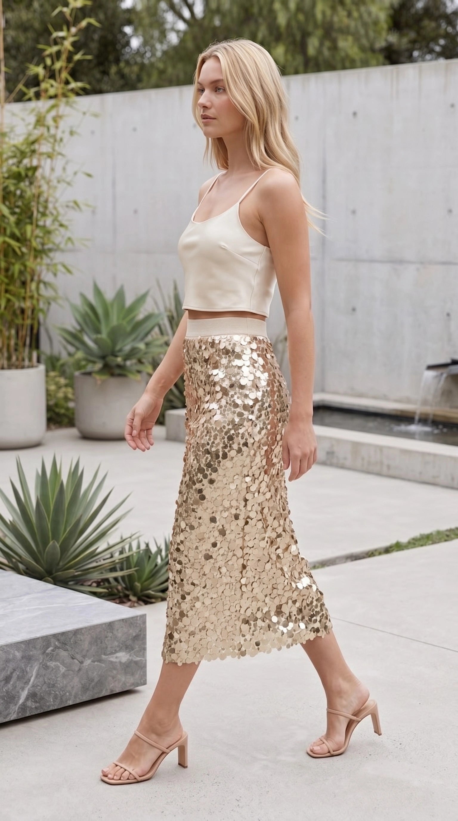 Women's High Waist Sequin Embellished Midi Skirt