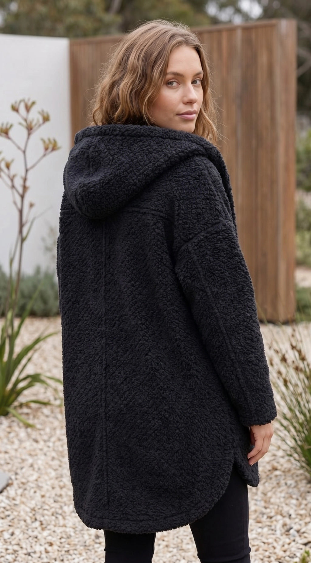 Women’s Hooded Teddy Fleece Coat With Button Front
