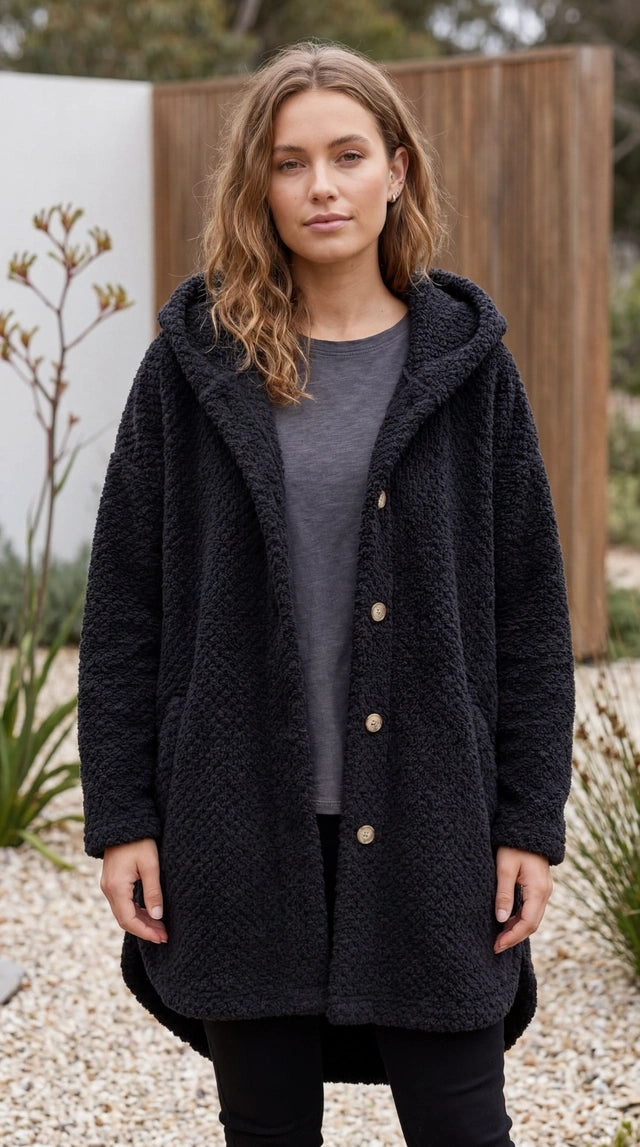 Women’s Hooded Teddy Fleece Coat With Button Front