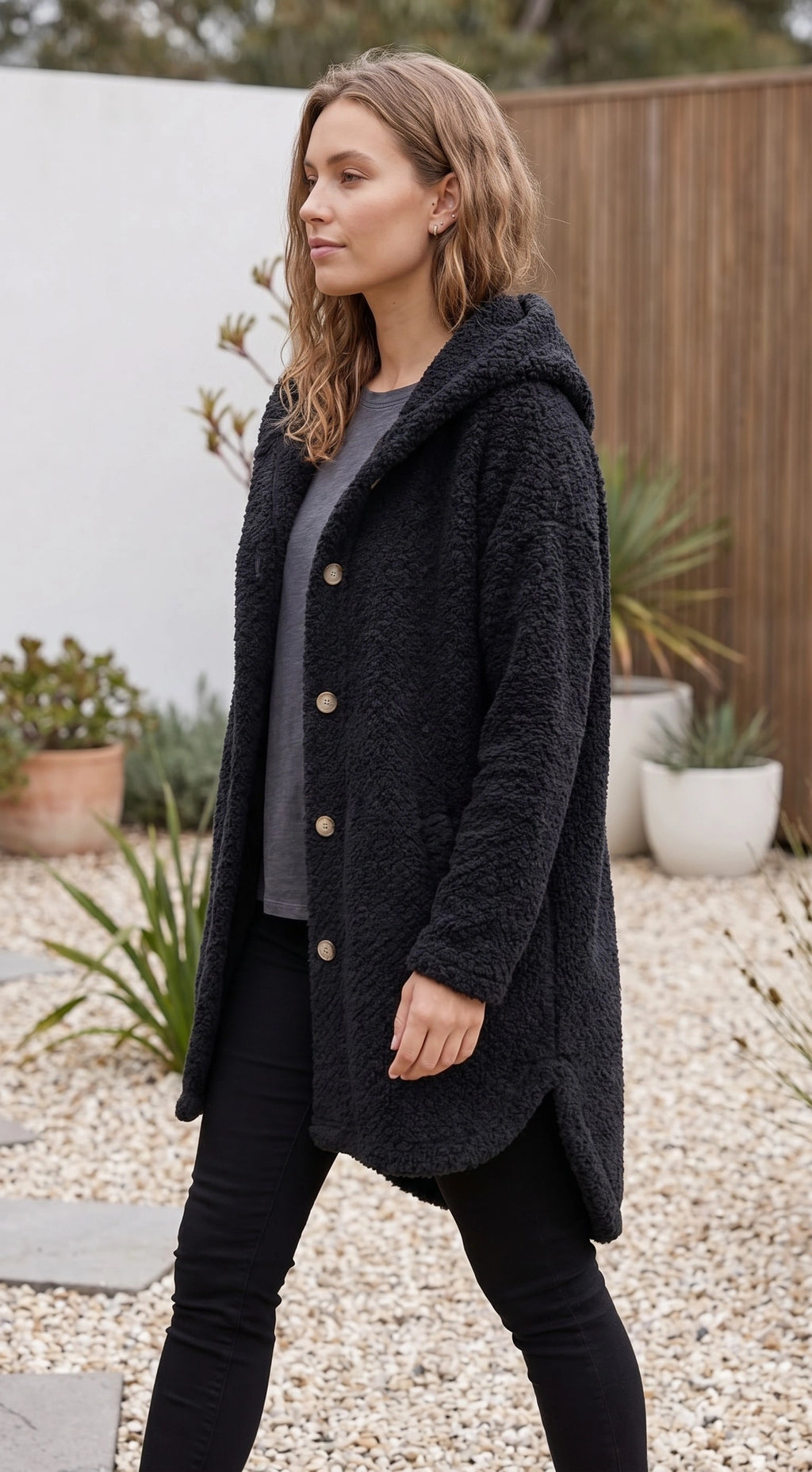 Women’s Hooded Teddy Fleece Coat With Button Front