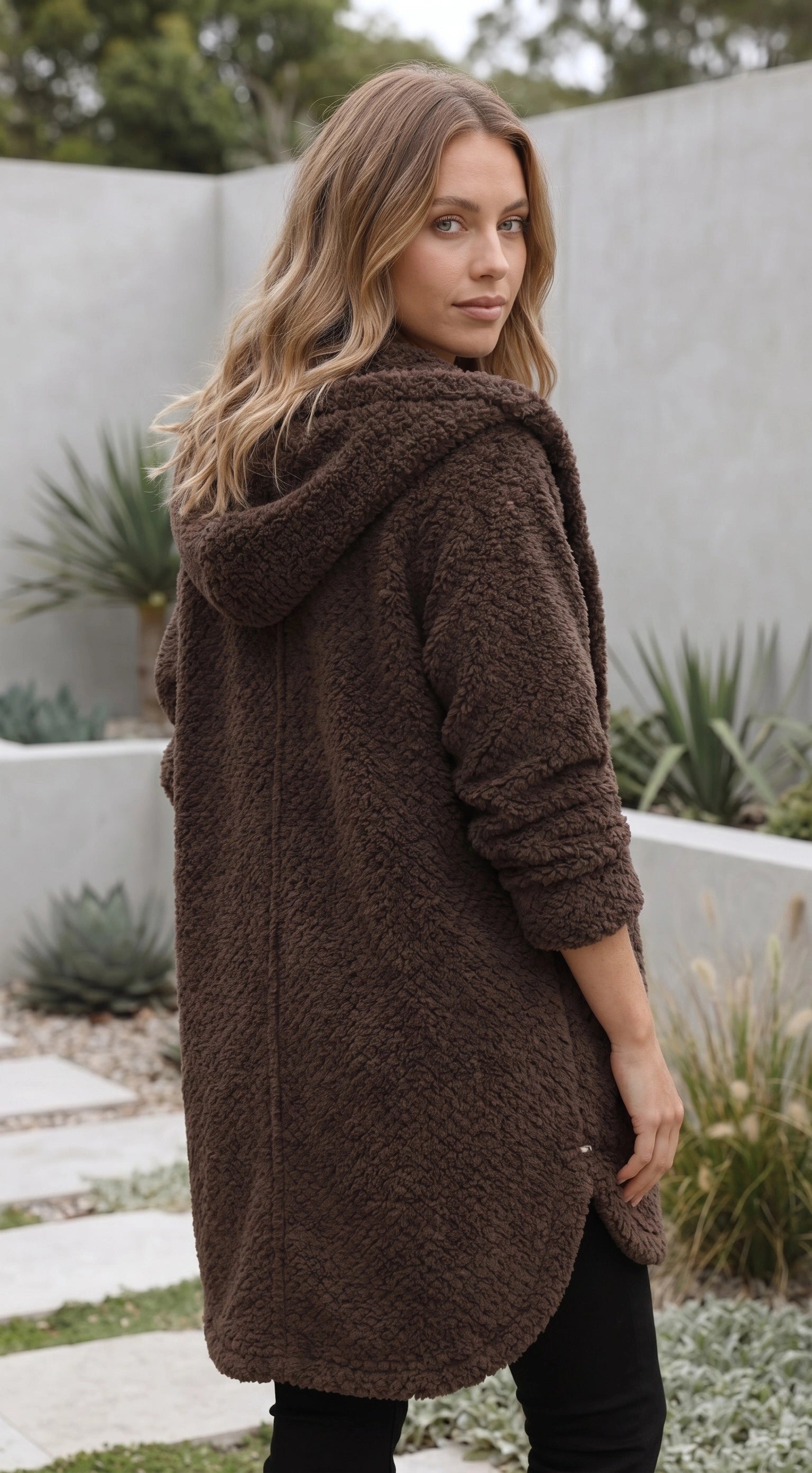 Women’s Hooded Teddy Fleece Coat With Button Front