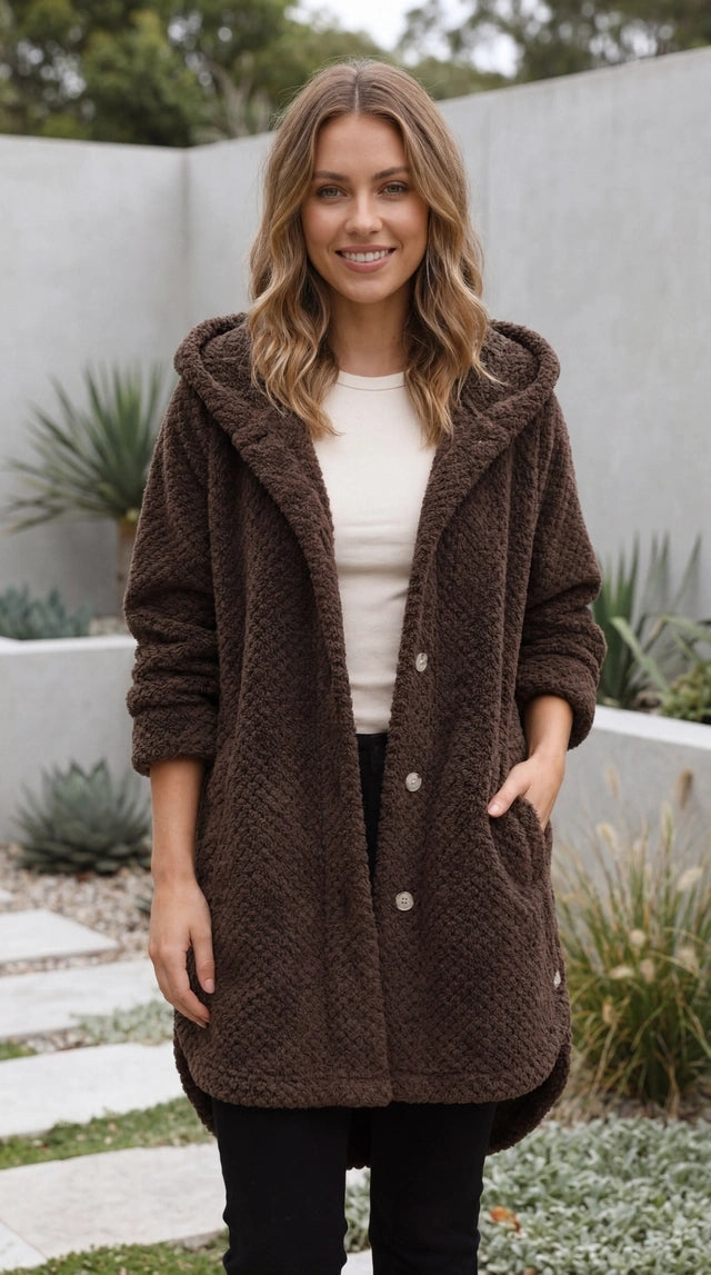 Women’s Hooded Teddy Fleece Coat With Button Front