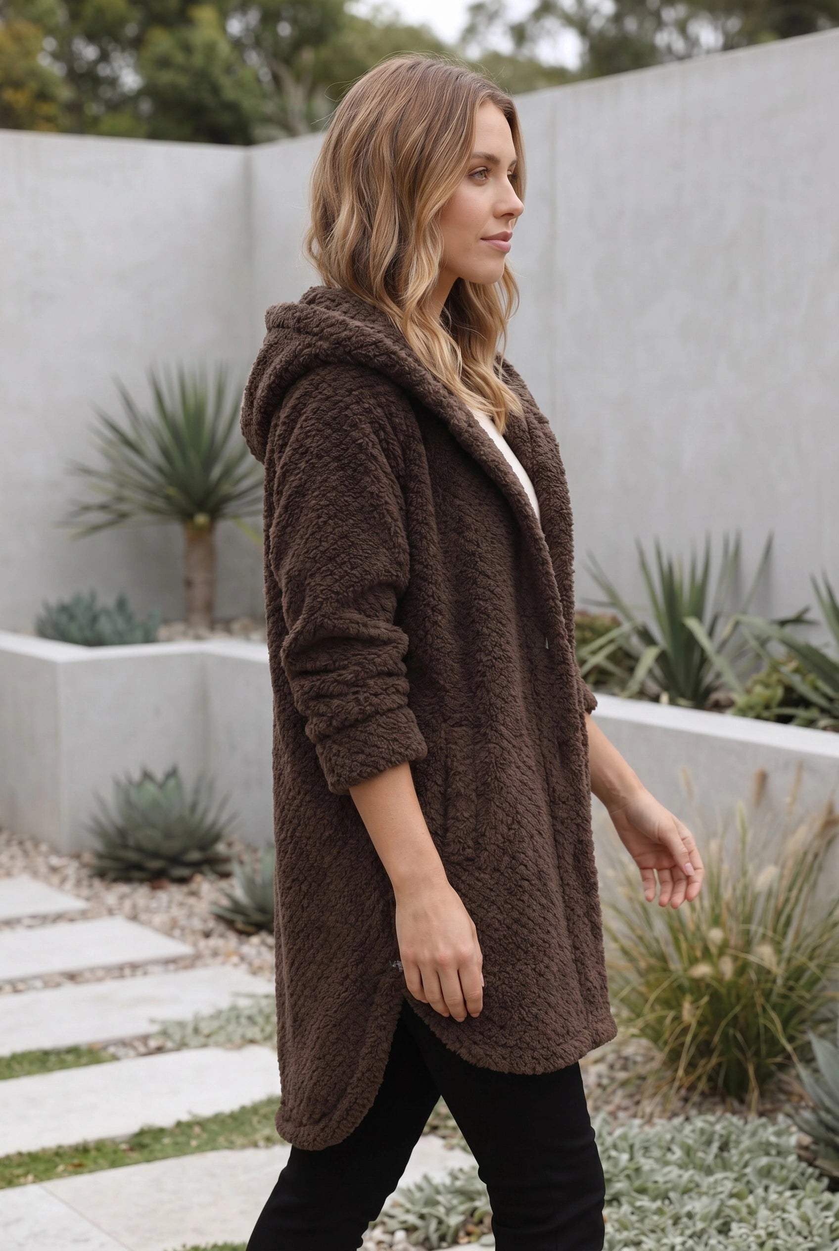 Women’s Hooded Teddy Fleece Coat With Button Front