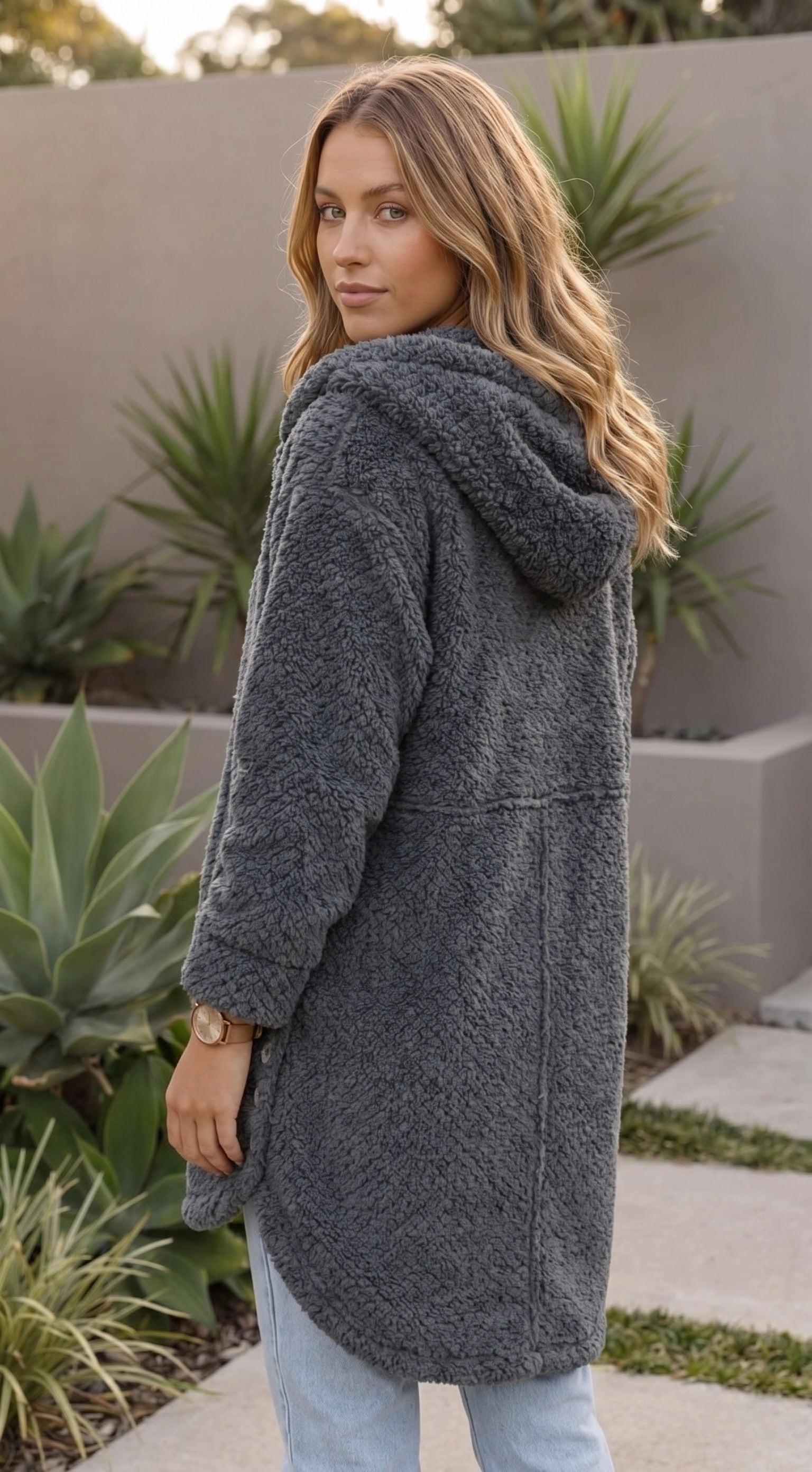 Women’s Hooded Teddy Fleece Coat With Button Front