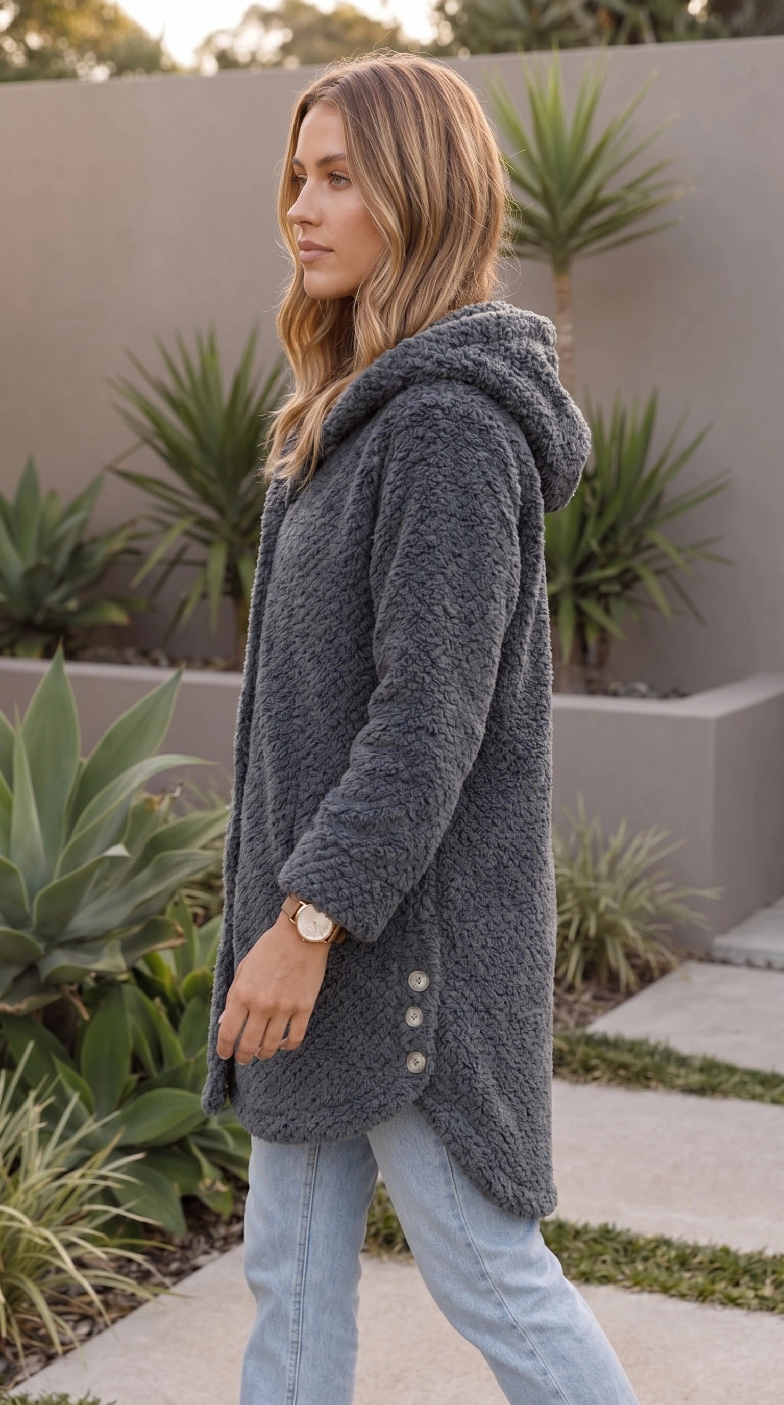 Women’s Hooded Teddy Fleece Coat With Button Front