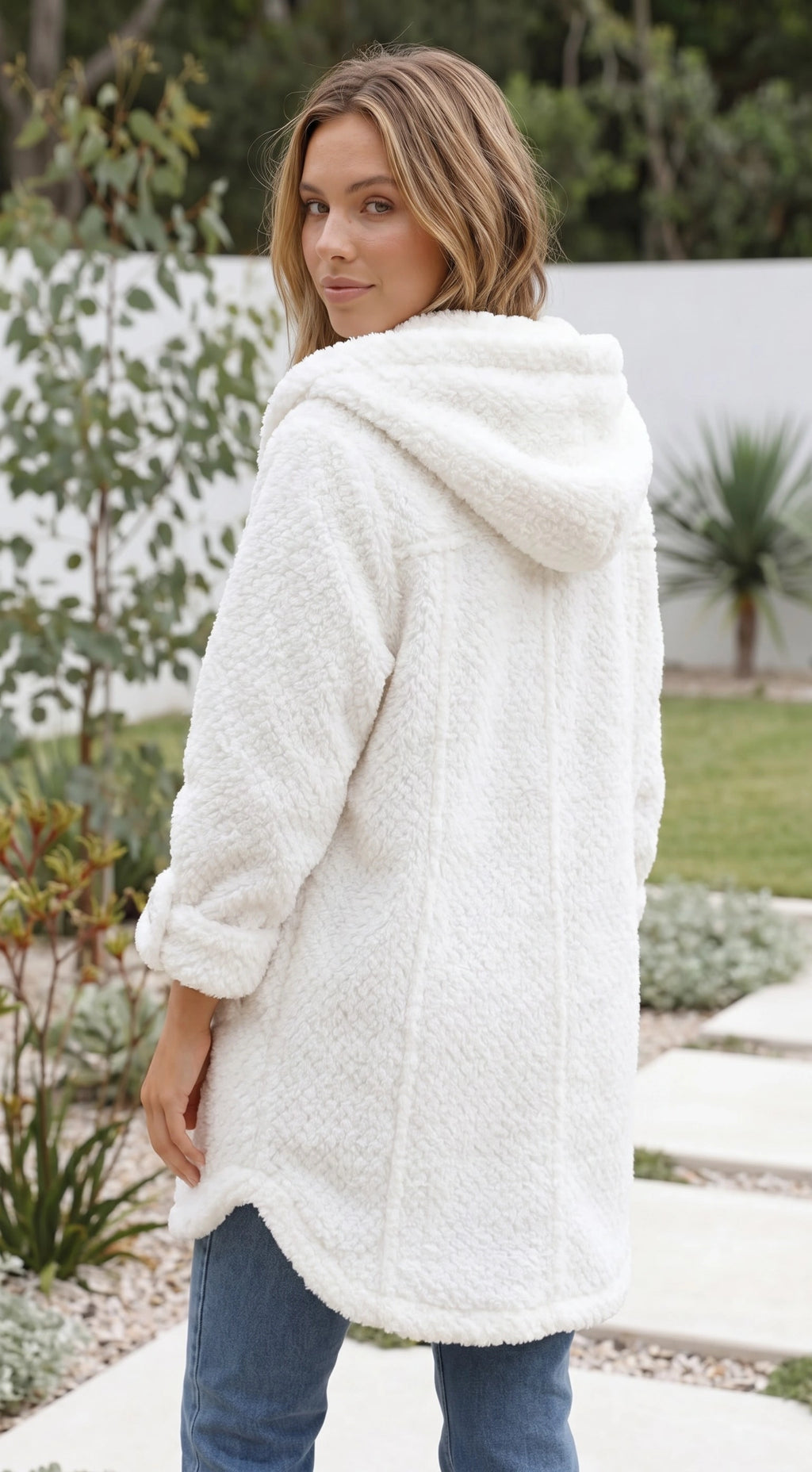 Women’s Hooded Teddy Fleece Coat With Button Front
