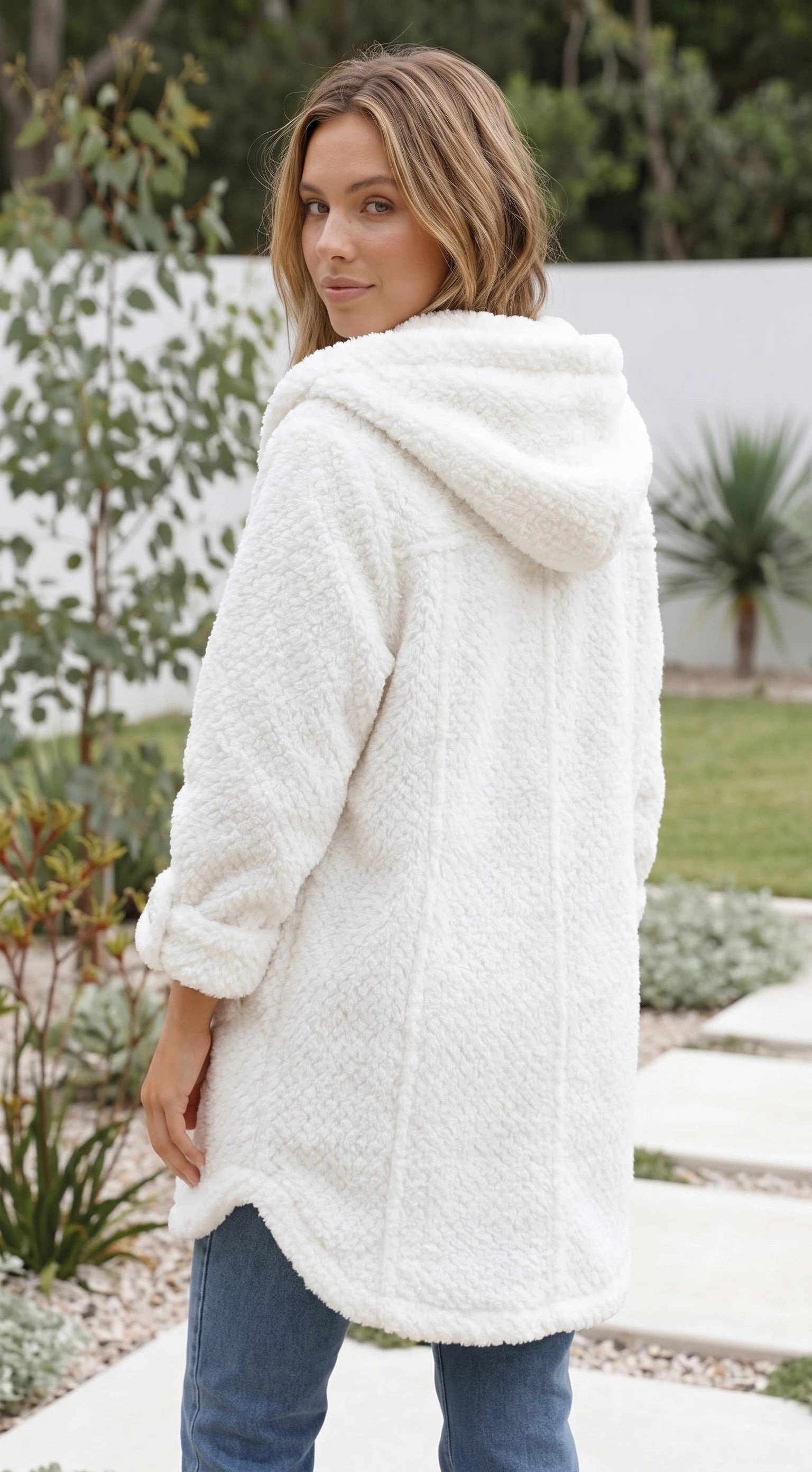 Women’s Hooded Teddy Fleece Coat With Button Front