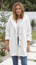 Women’s Hooded Teddy Fleece Coat With Button Front