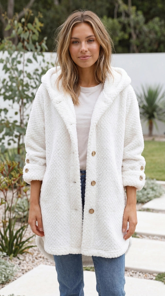 Women’s Hooded Teddy Fleece Coat With Button Front