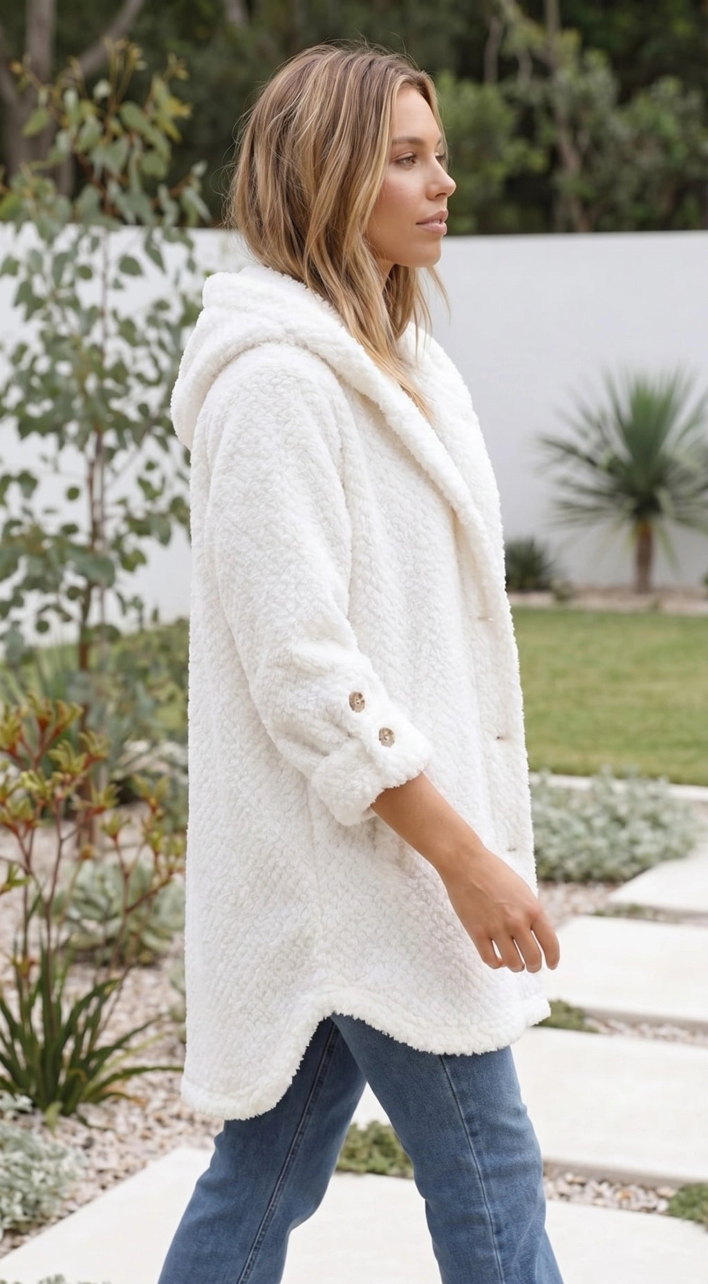 Women’s Hooded Teddy Fleece Coat With Button Front