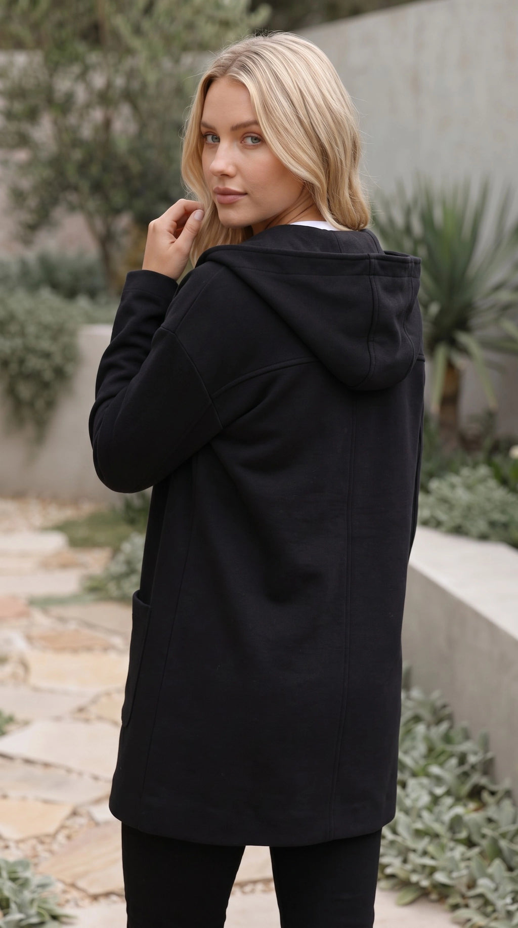 Hooded Button Front Mid Length Coat with Pockets