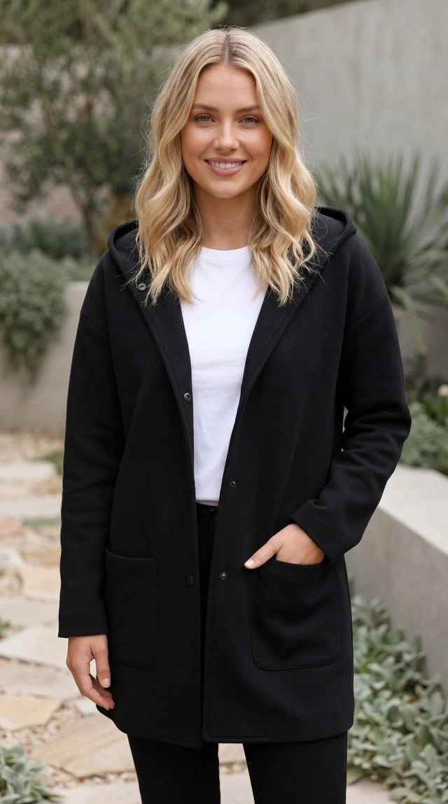 Hooded Button Front Mid Length Coat with Pockets