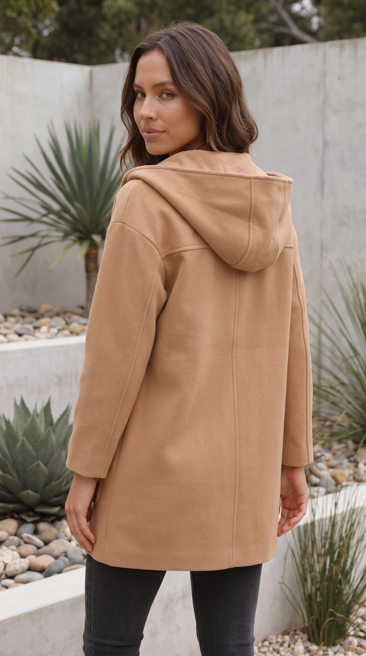 Hooded Button Front Mid Length Coat with Pockets
