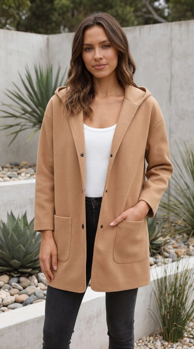 Hooded Button Front Mid Length Coat with Pockets