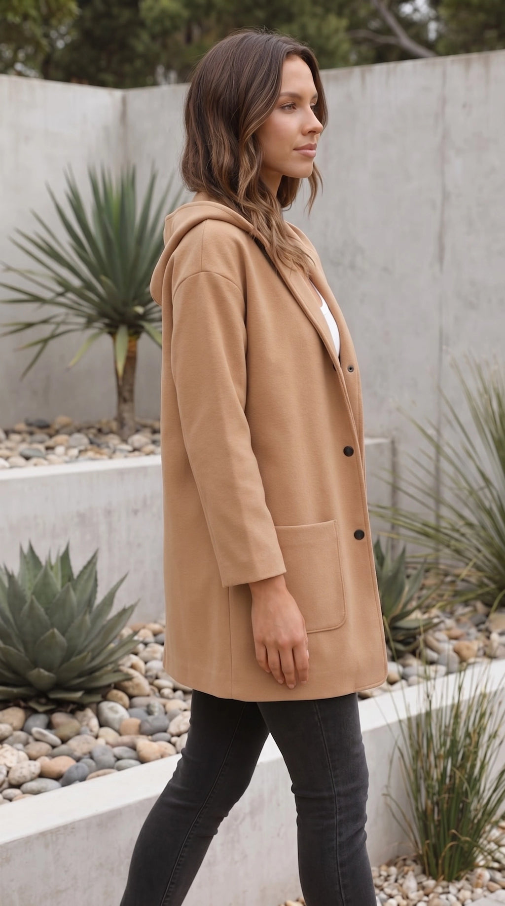 Hooded Button Front Mid Length Coat with Pockets