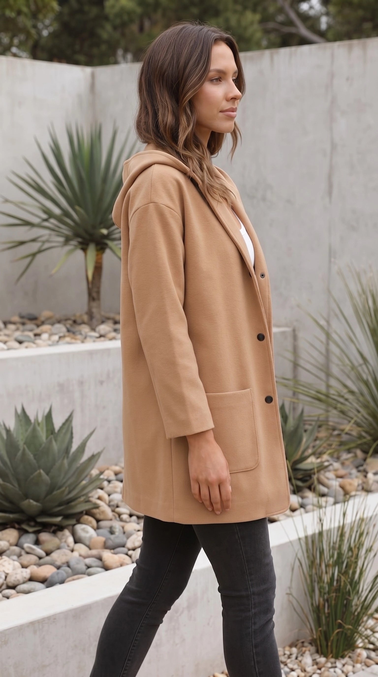 Hooded Button Front Mid Length Coat with Pockets